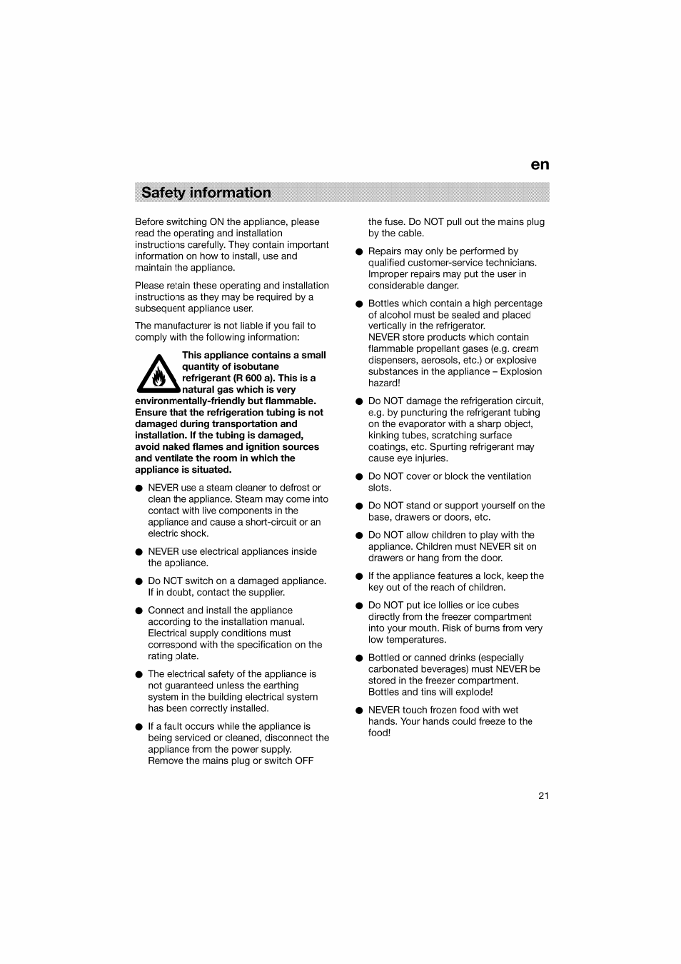 Safety information, Safety information en | Bosch KGV36610 User Manual | Page 21 / 141