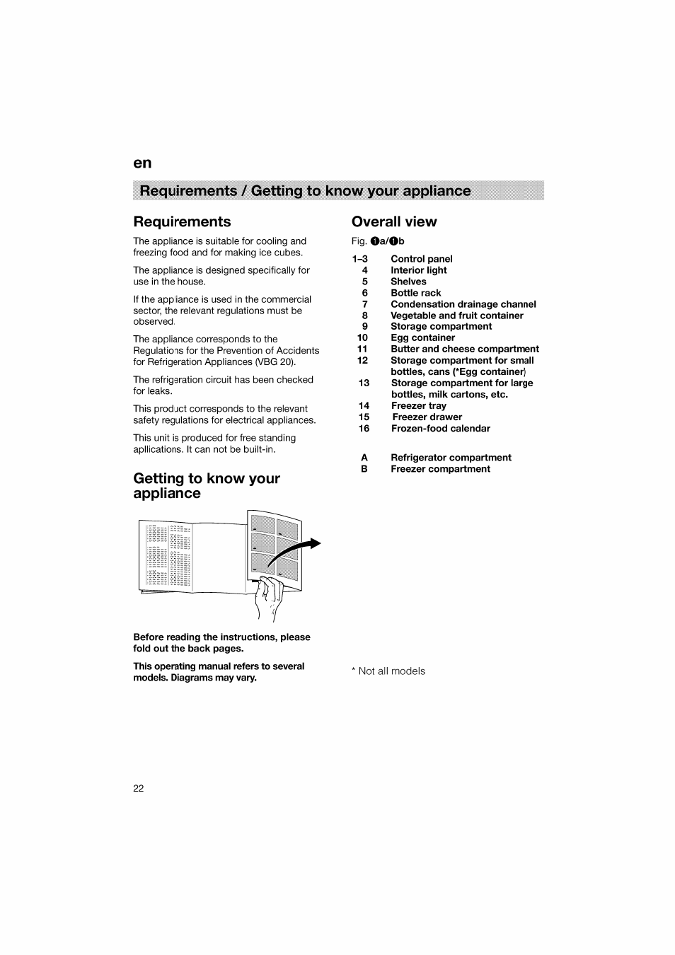 Requirements / getting to know your appliance, Requirements, Getting to know your appliance | Overall view | Bosch KGV36610 User Manual | Page 22 / 141