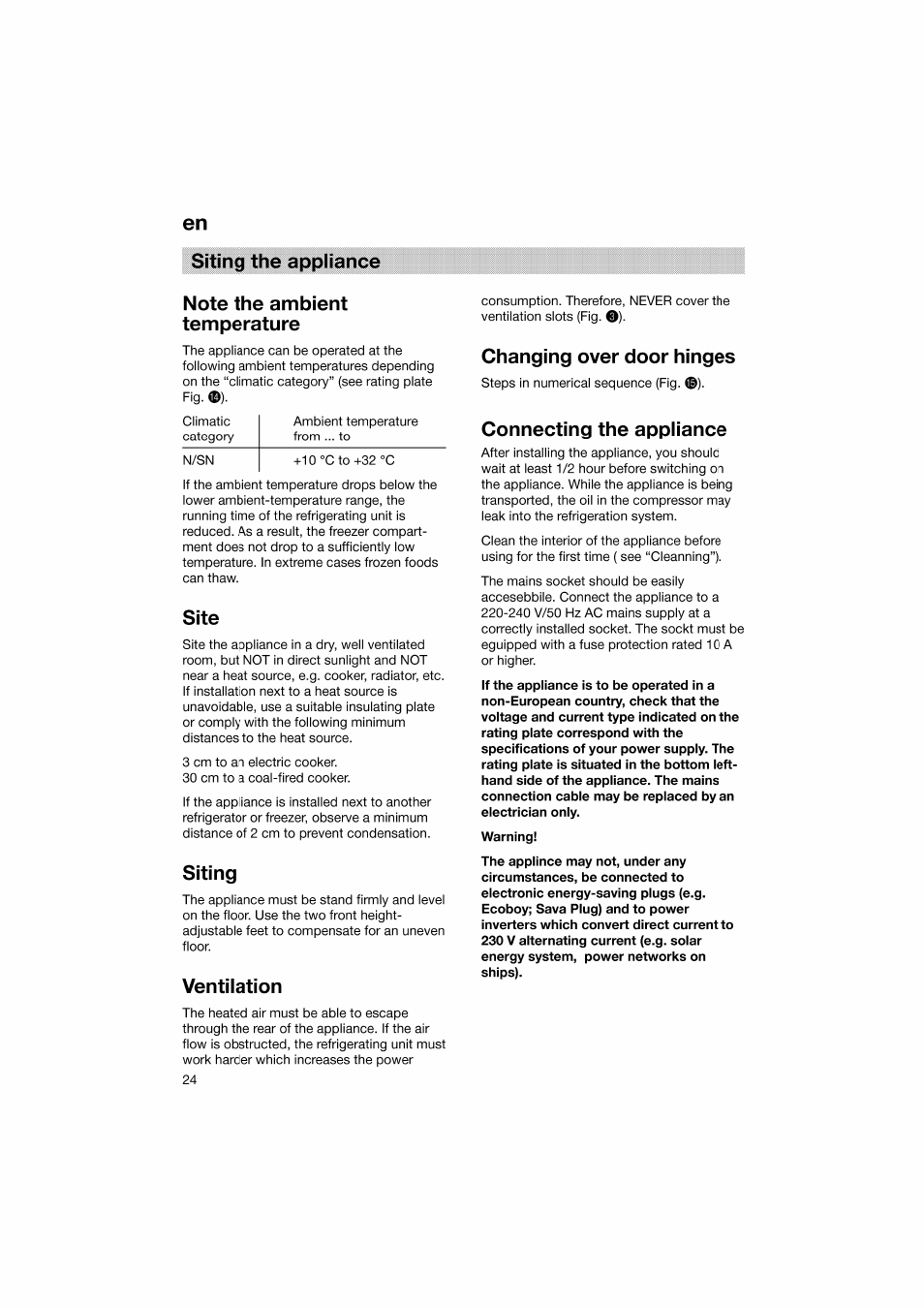 Note the ambient temperature, Site, Siting | Ventilation, Changing over door hinges, Connecting the appliance, Warning | Bosch KGV36610 User Manual | Page 24 / 141