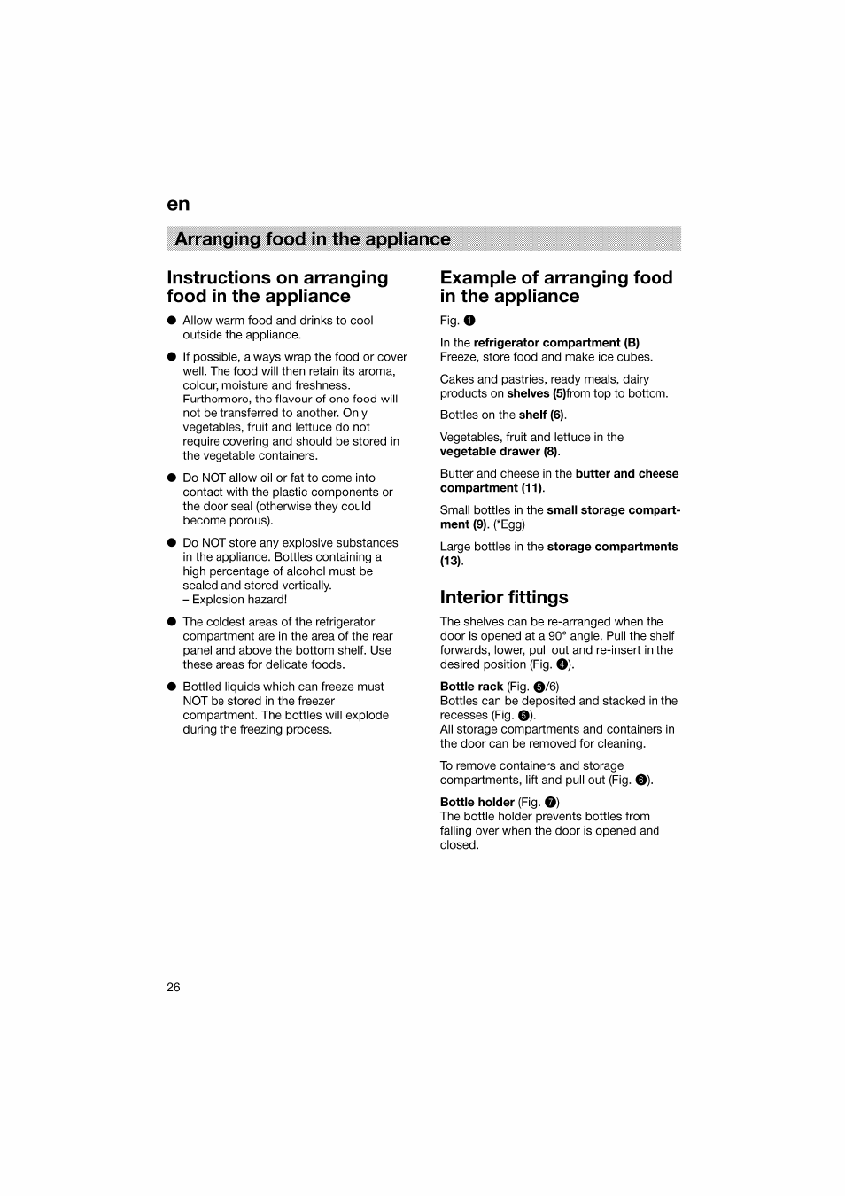 Instructions on arranging food in the appliance, Example of arranging food in the appliance, Interior fittings | Bosch KGV36610 User Manual | Page 26 / 141