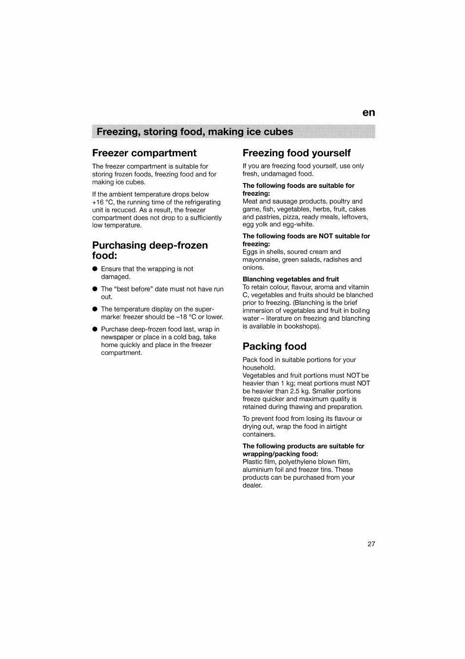 Freezer compartment, Purchasing deep-frozen food, Freezing food yourself | Packing food | Bosch KGV36610 User Manual | Page 27 / 141