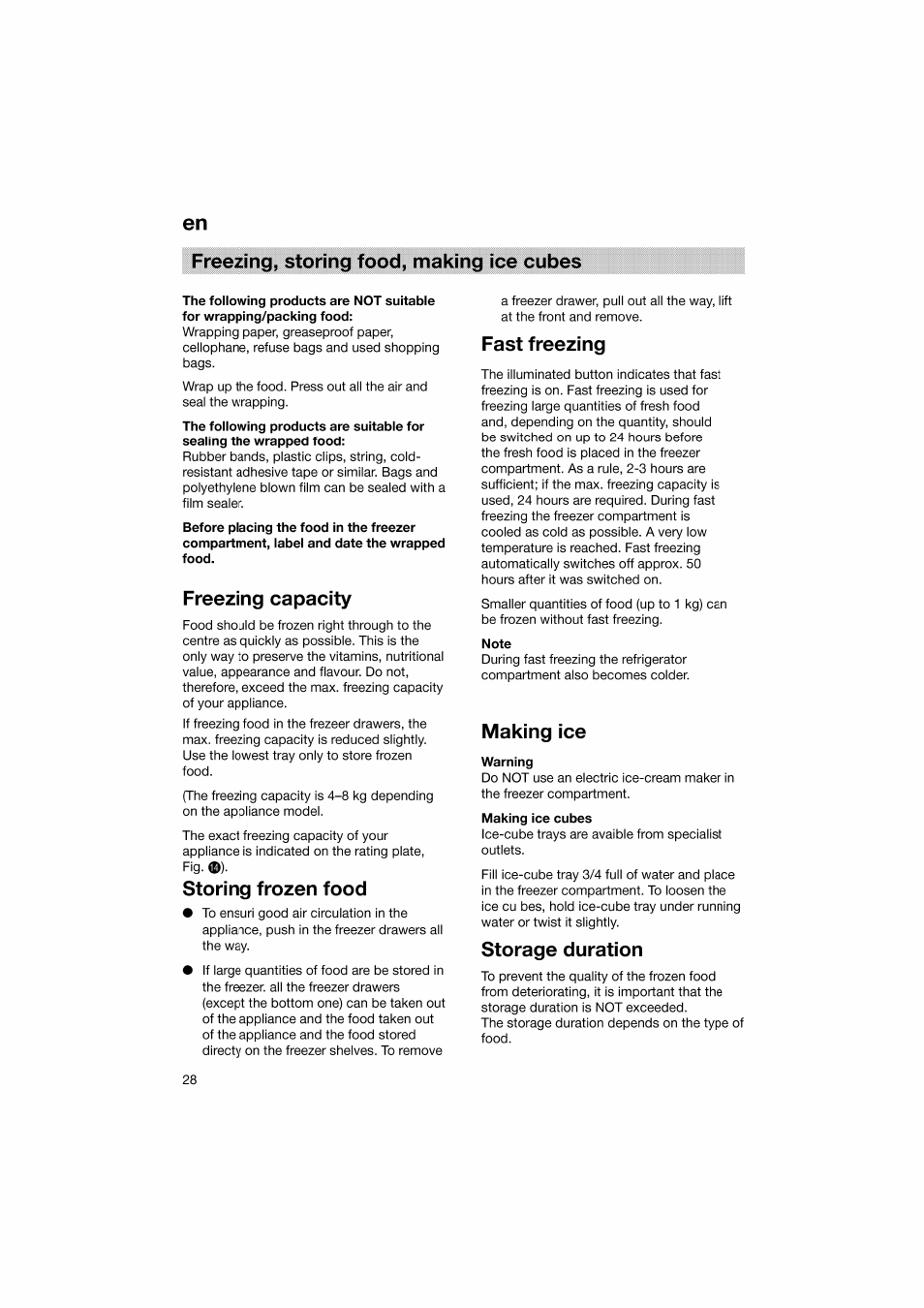 Freezing capacity, Storing frozen food, Fast freezing | Note, Making ice, Warning, Making ice cubes, Storage duration, En freezing, storing food, making ice cubes | Bosch KGV36610 User Manual | Page 28 / 141