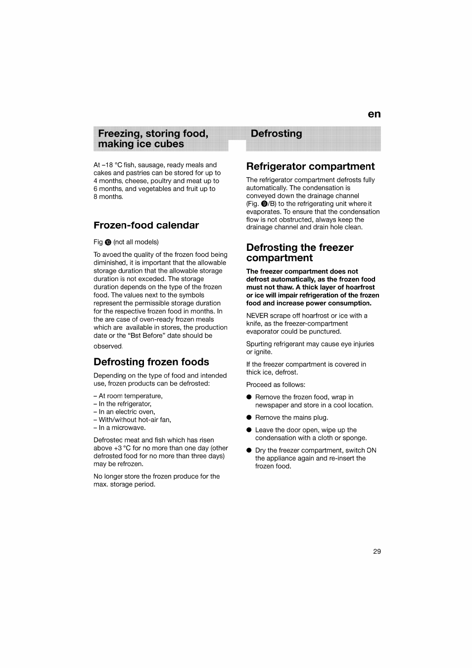 Defrosting, Frozen-food calendar, Defrosting frozen foods | Refrigerator compartment, Defrosting the freezer compartment | Bosch KGV36610 User Manual | Page 29 / 141