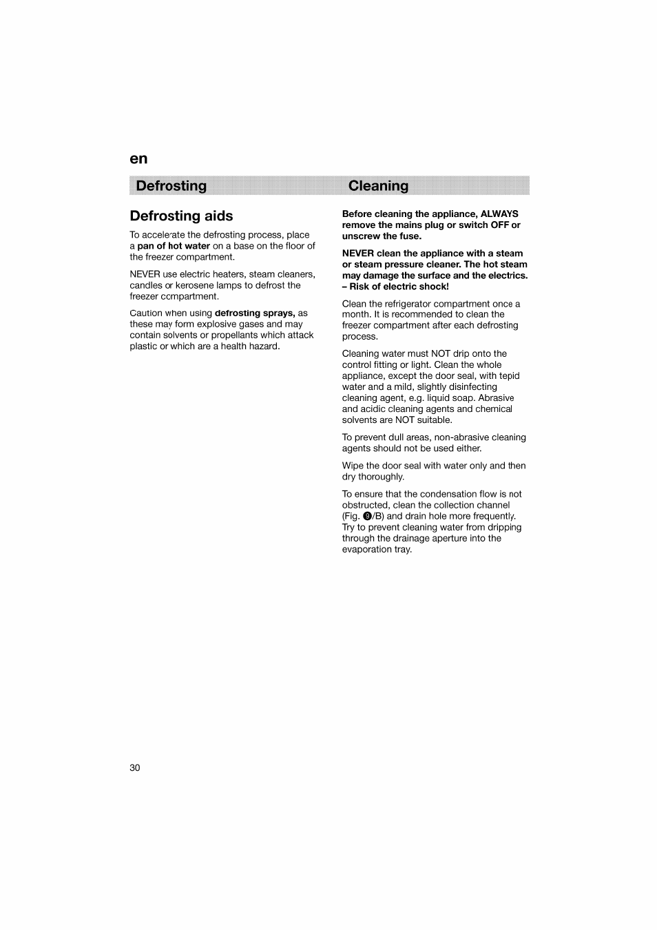 Defrosting, Cleaning, Defrosting en defrosting aids | Bosch KGV36610 User Manual | Page 30 / 141