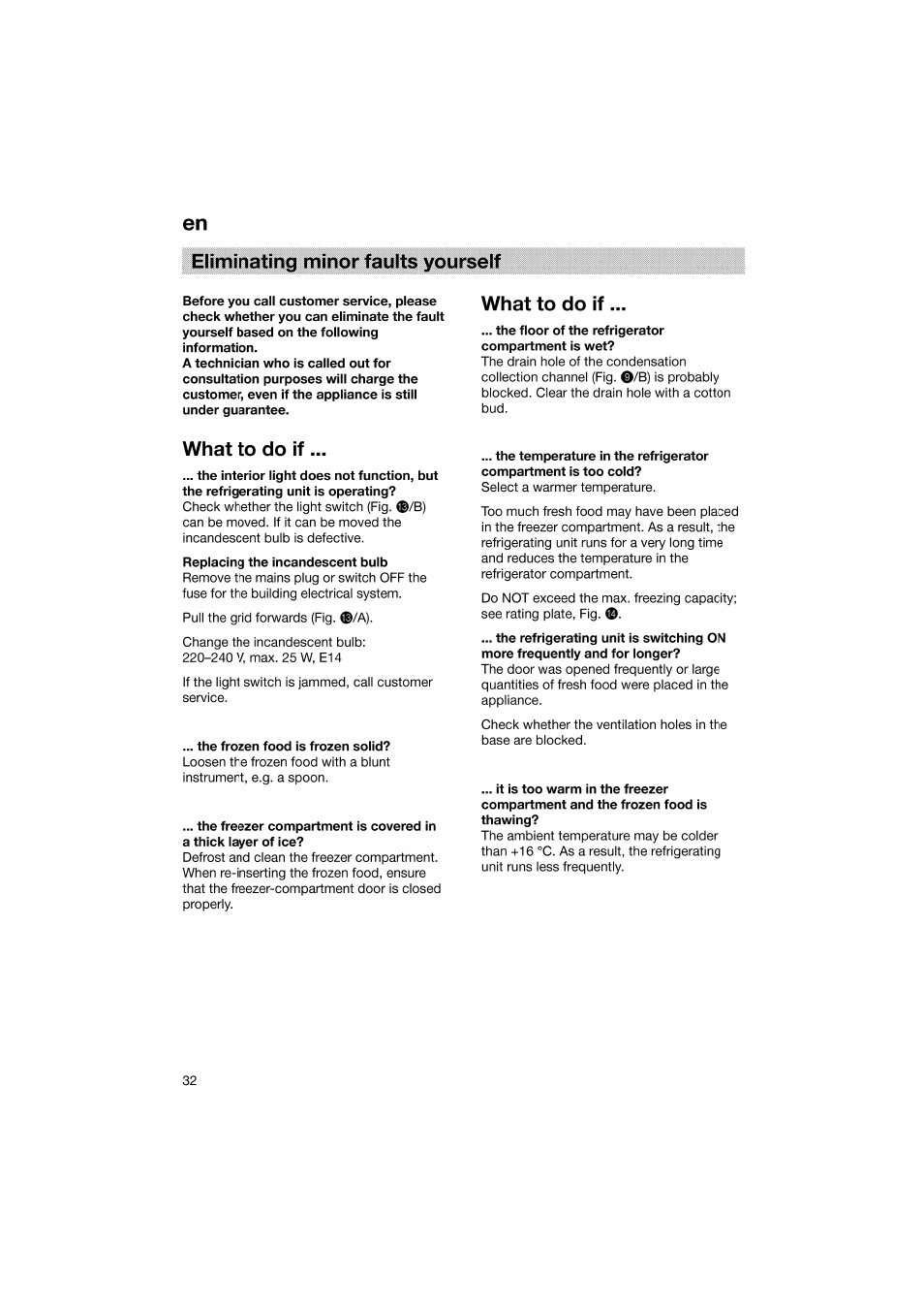 Eliminating minor faults yourself, What to do if, The frozen food is frozen solid | En eliminating minor faults yourself | Bosch KGV36610 User Manual | Page 32 / 141