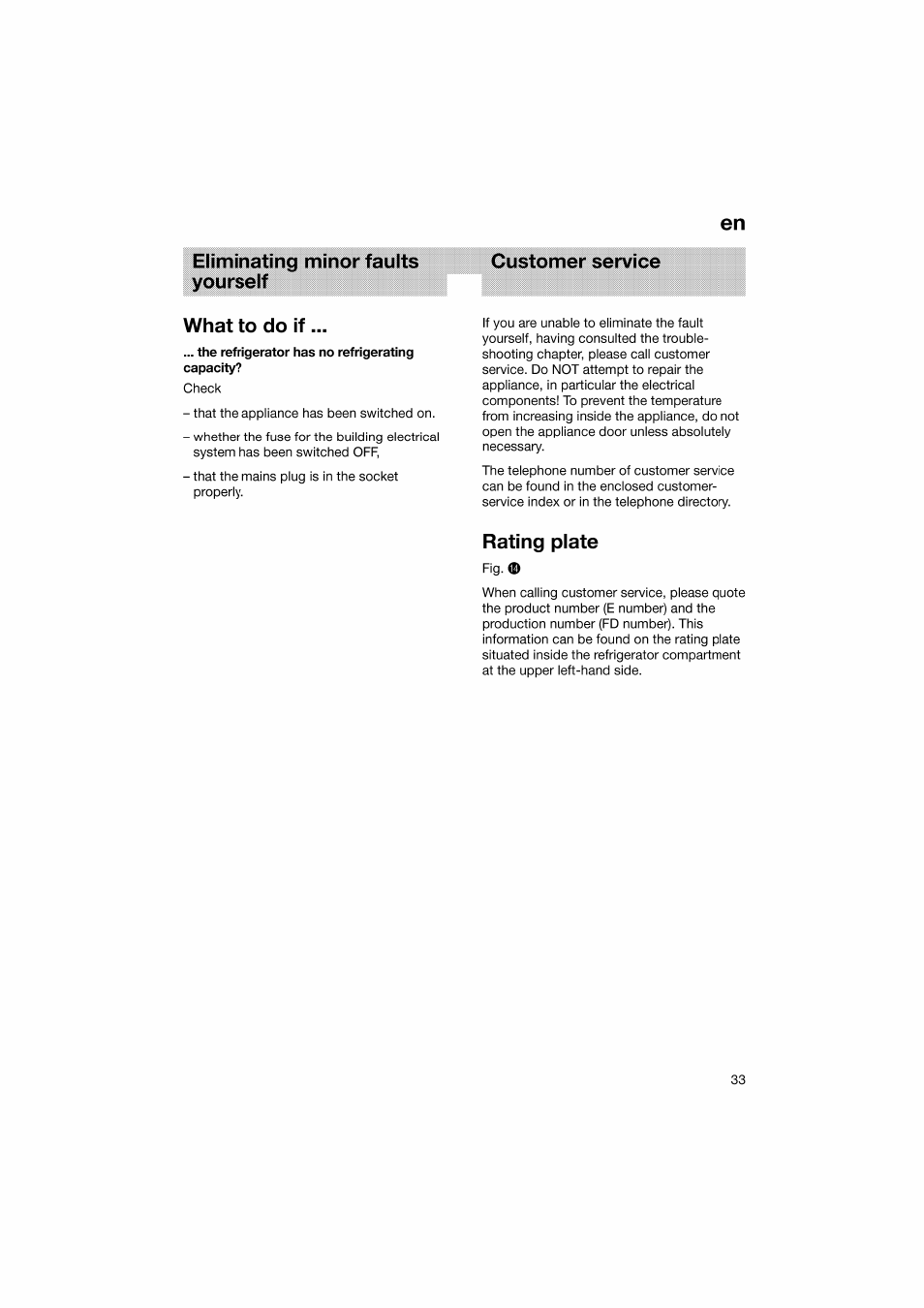 Eliminating minor faults yourself, What to do if, Rating plate | Bosch KGV36610 User Manual | Page 33 / 141