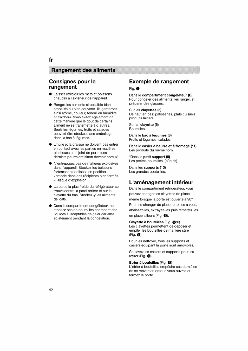 Rangement des aliments, Consignes pour le rangement, Exemple de rangement | L'aménagement intérieur | Bosch KGV36610 User Manual | Page 42 / 141