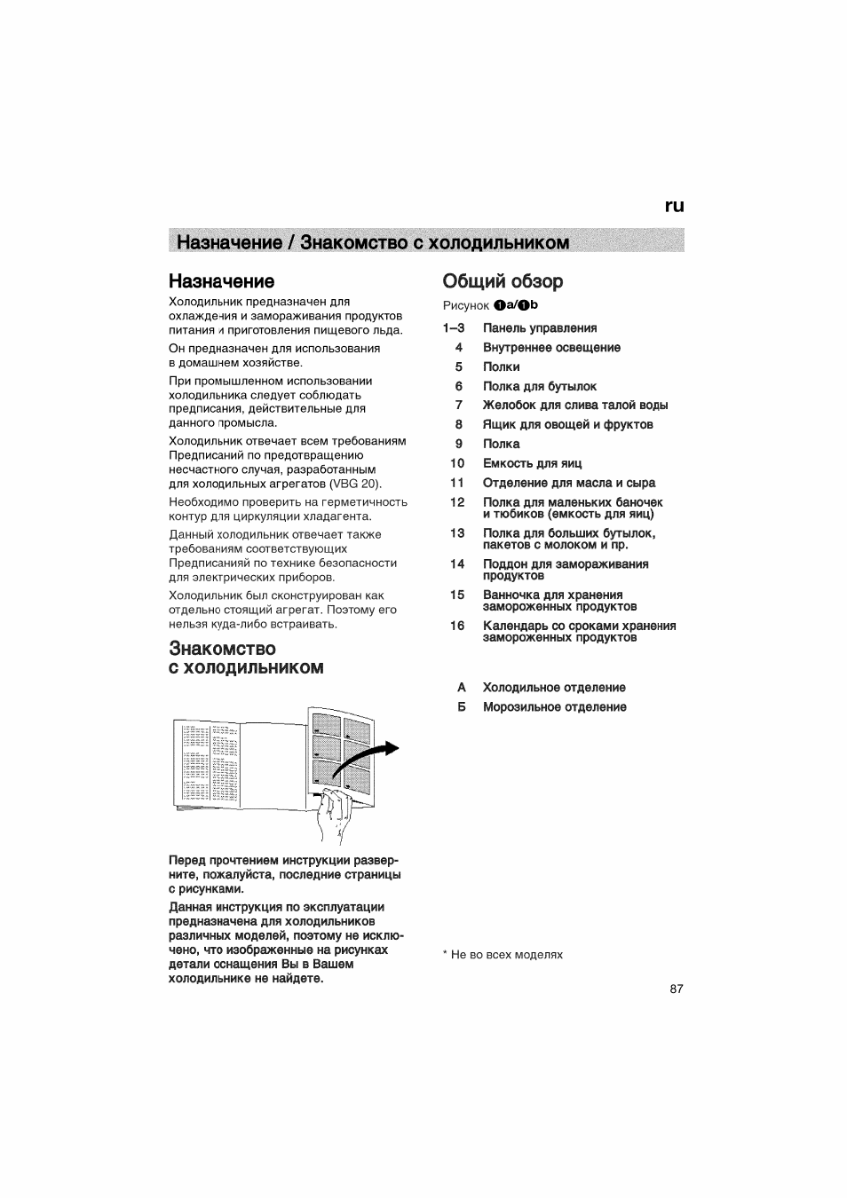 Назначение / знакомство с холодильником, Назначение, Знакомство с холодильником | Общий обзор | Bosch KGV36610 User Manual | Page 87 / 141