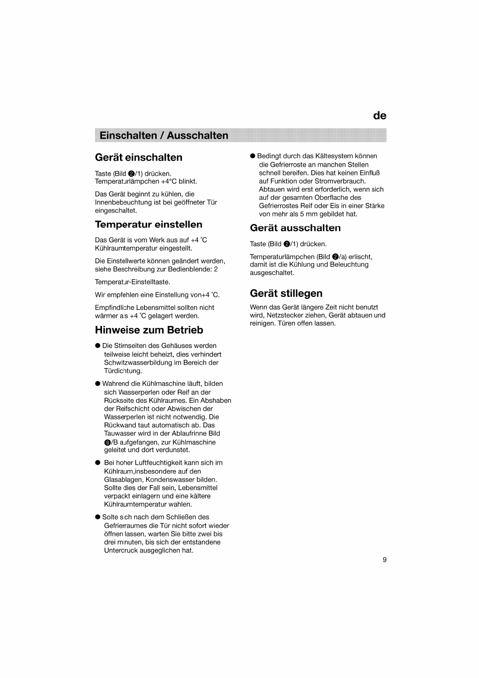 Einschalten / ausschalten, Gerät einschalten, Temperatur einstellen | Hinweise zum betrieb, Gerät ausschalten, Gerät stillegen, Einschalten / ausschalten de gerät einschalten | Bosch KGV36610 User Manual | Page 9 / 141