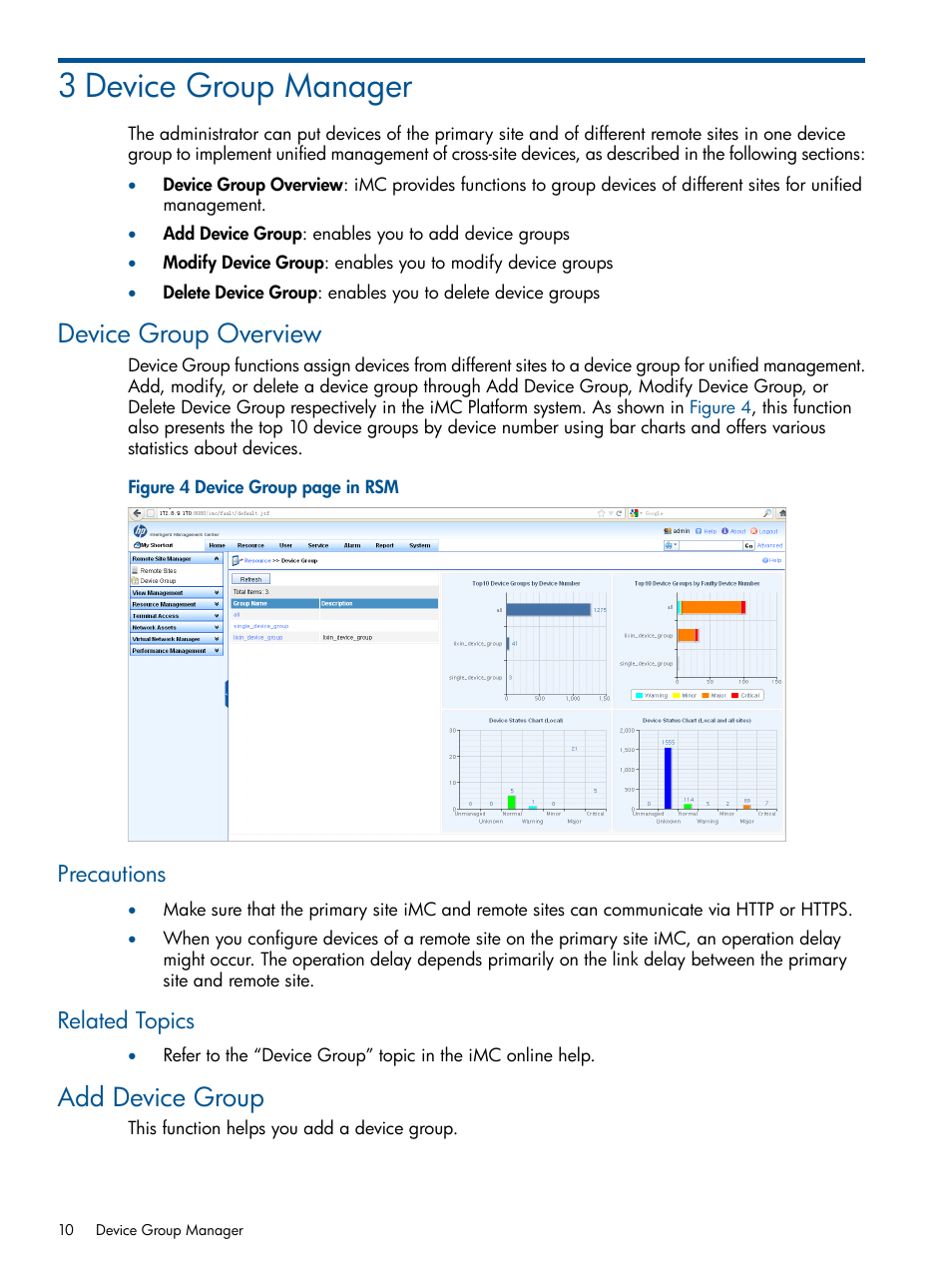 3 device group manager, Device group overview, Precautions | Related topics, Add device group, Precautions related topics | HP Intelligent Management Center Licenses User Manual | Page 10 / 18