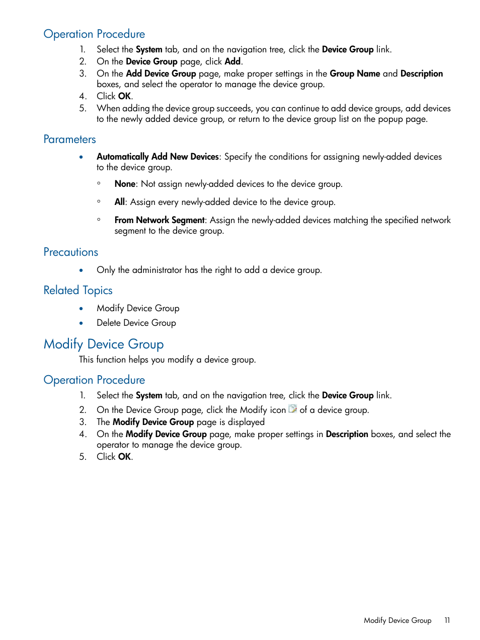 Operation procedure, Parameters, Precautions | Related topics, Modify device group | HP Intelligent Management Center Licenses User Manual | Page 11 / 18