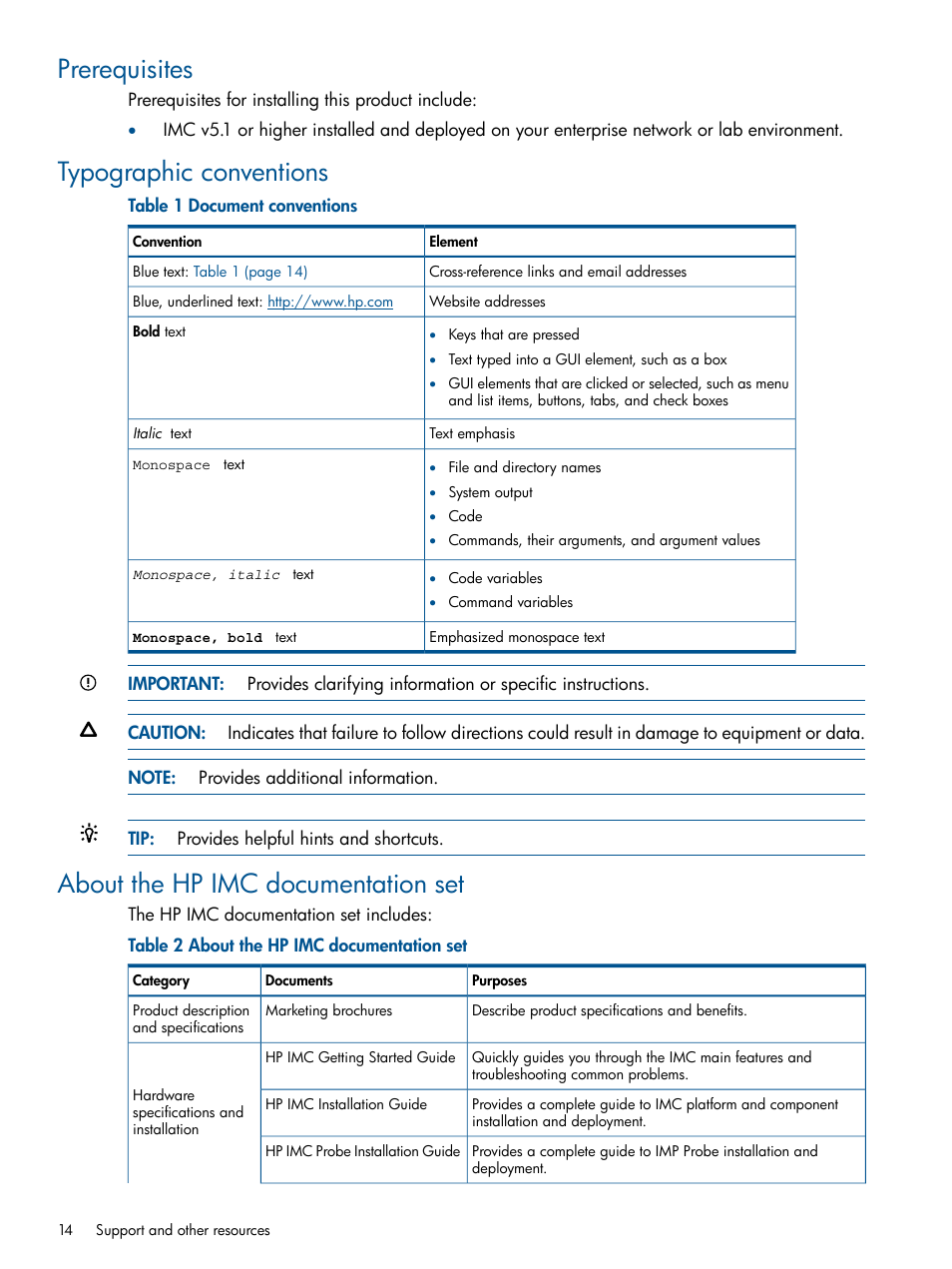 Prerequisites, Typographic conventions, About the hp imc documentation set | HP Intelligent Management Center Licenses User Manual | Page 14 / 18