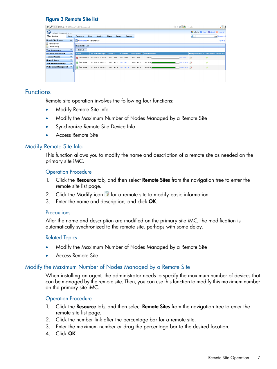 Functions, Modify remote site info | HP Intelligent Management Center Licenses User Manual | Page 7 / 18