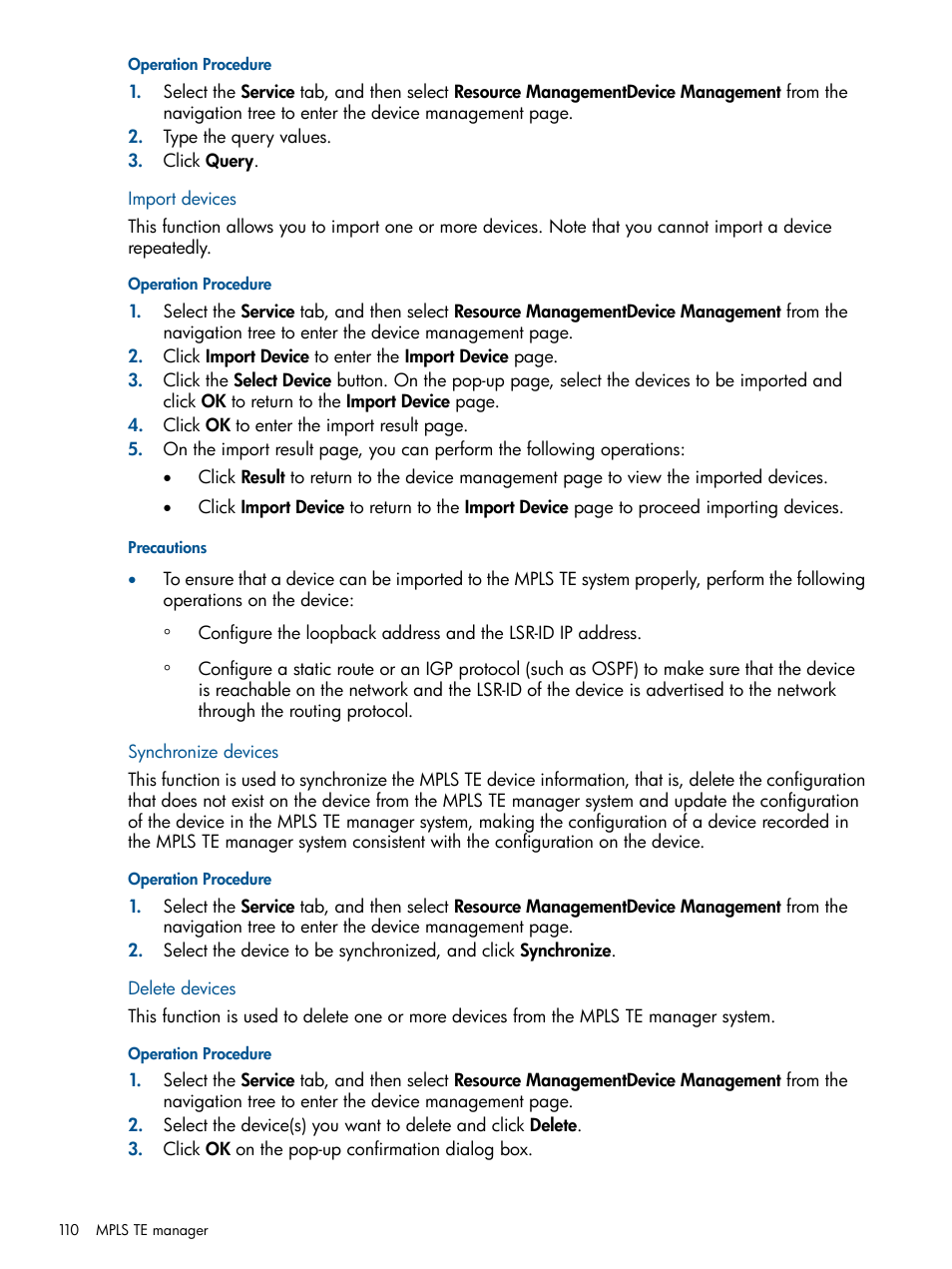 Import devices, Synchronize devices, Delete devices | Import devices synchronize devices delete devices | HP Intelligent Management Center Licenses User Manual | Page 110 / 140