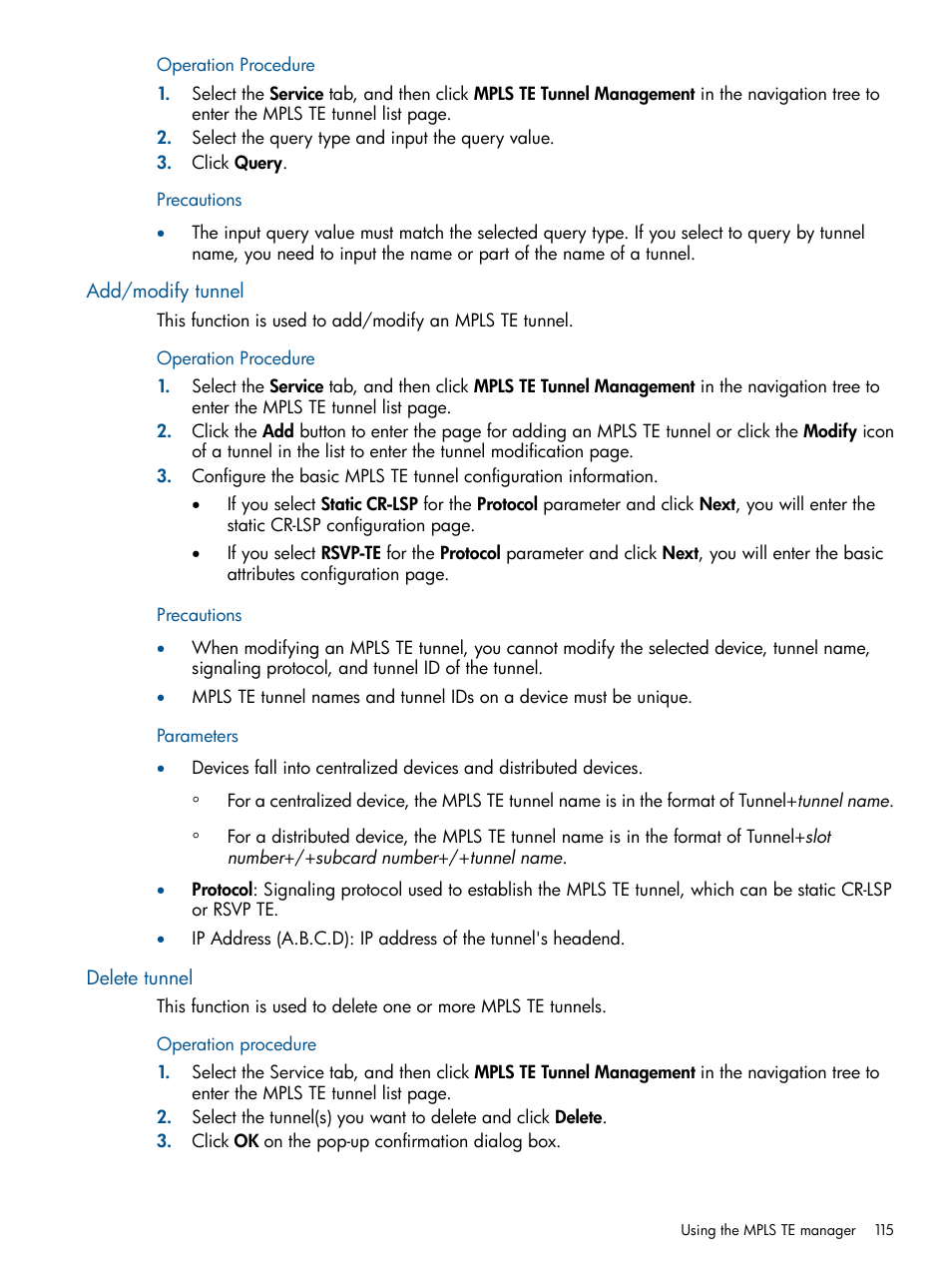 Add/modify tunnel, Delete tunnel, Add/modify tunnel delete tunnel | HP Intelligent Management Center Licenses User Manual | Page 115 / 140