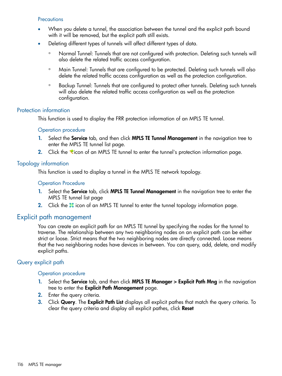 Protection information, Topology information, Explicit path management | Query explicit path, Protection information topology information | HP Intelligent Management Center Licenses User Manual | Page 116 / 140