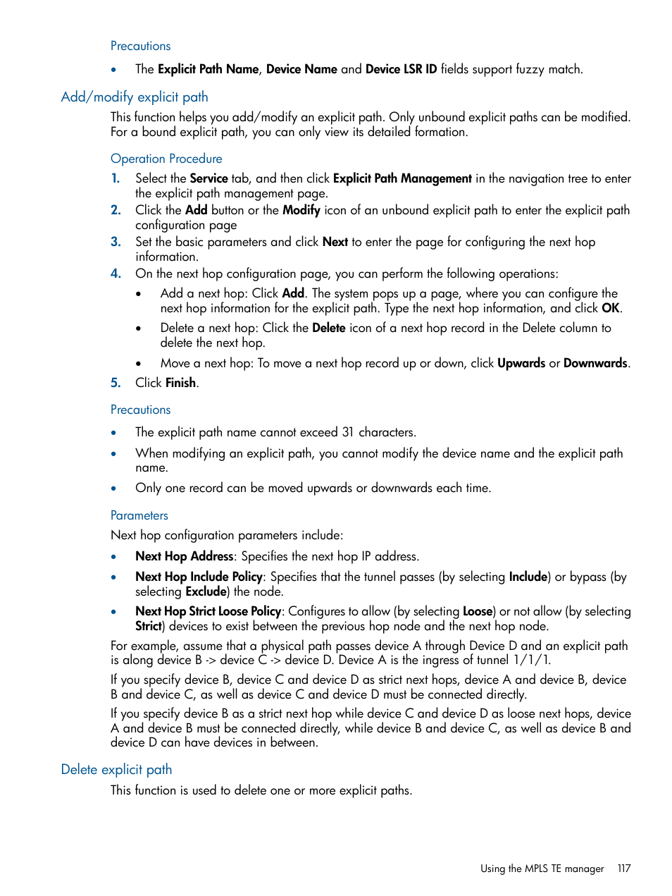 Add/modify explicit path, Delete explicit path, Add/modify explicit path delete explicit path | HP Intelligent Management Center Licenses User Manual | Page 117 / 140