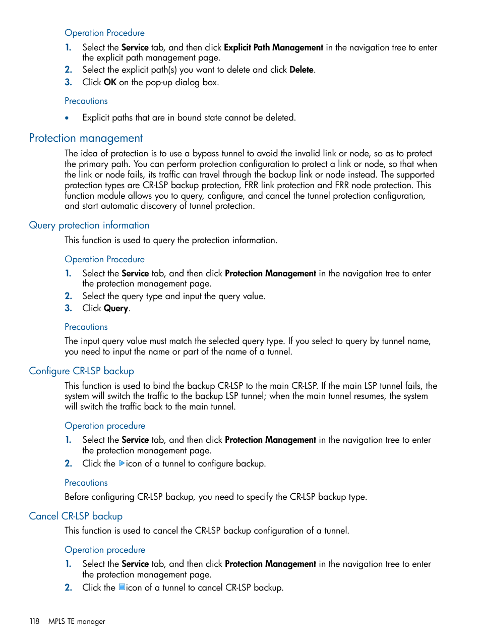 Protection management, Query protection information, Configure cr-lsp backup | Cancel cr-lsp backup | HP Intelligent Management Center Licenses User Manual | Page 118 / 140