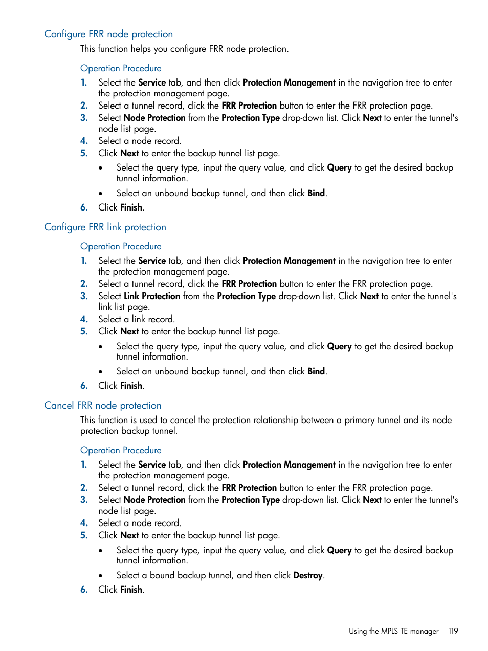 Configure frr node protection, Configure frr link protection, Cancel frr node protection | HP Intelligent Management Center Licenses User Manual | Page 119 / 140