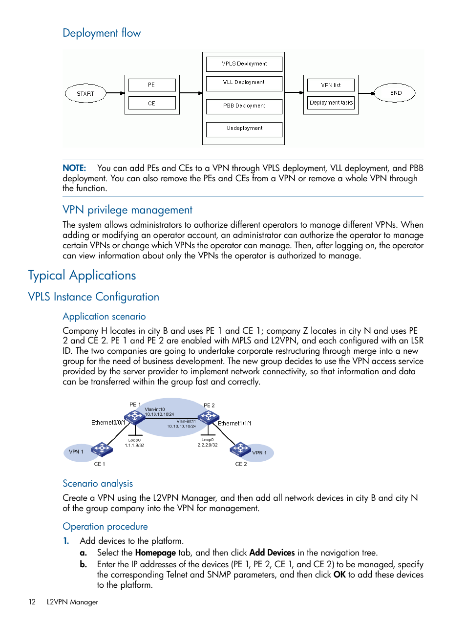 Typical applications, Vpls instance configuration, Deployment flow | Vpn privilege management | HP Intelligent Management Center Licenses User Manual | Page 12 / 140