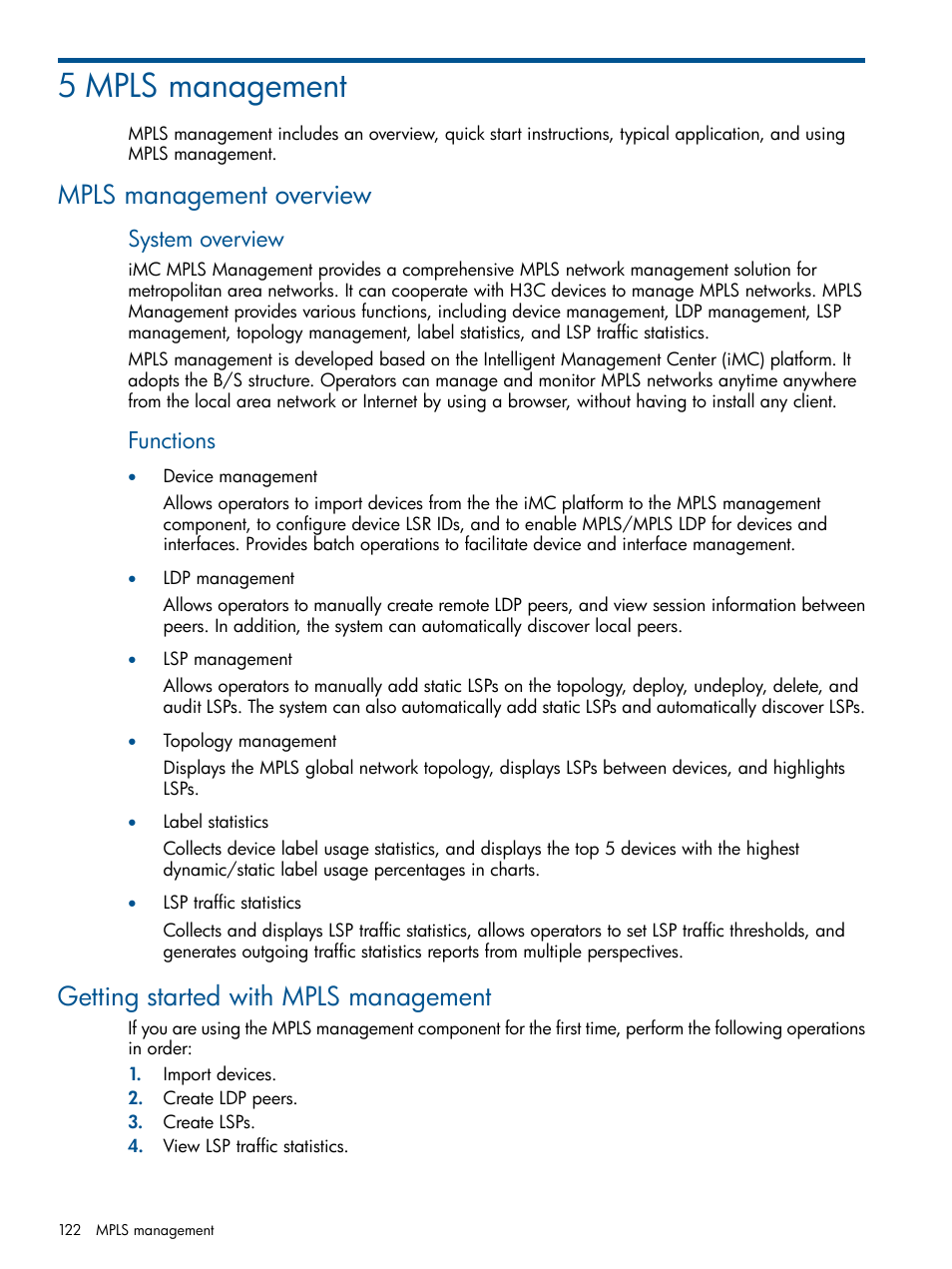 5 mpls management, Mpls management overview, Getting started with mpls management | System overview, Functions | HP Intelligent Management Center Licenses User Manual | Page 122 / 140