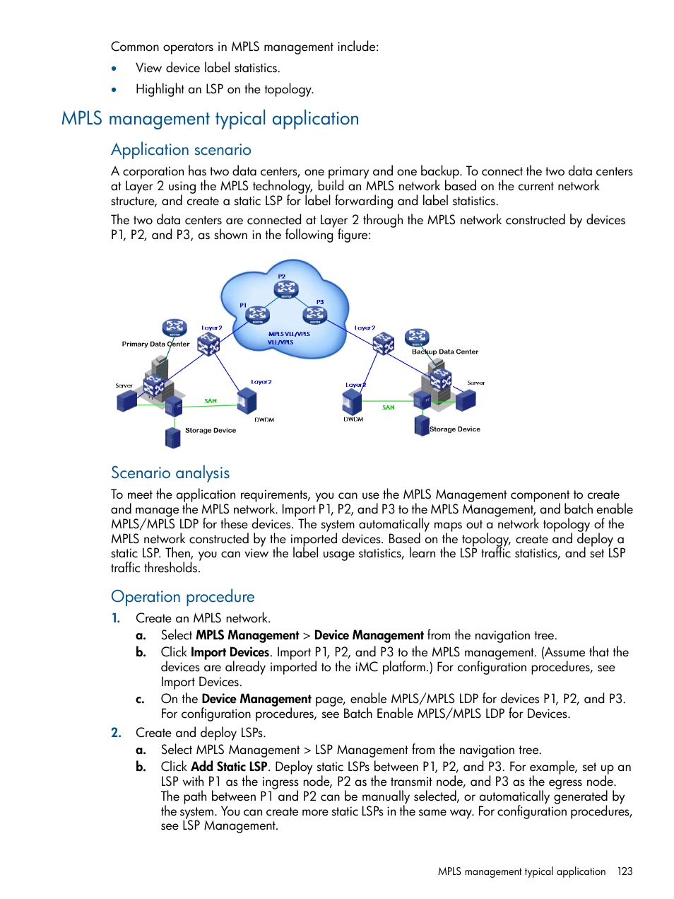 Mpls management typical application, Application scenario, Scenario analysis | Operation procedure | HP Intelligent Management Center Licenses User Manual | Page 123 / 140