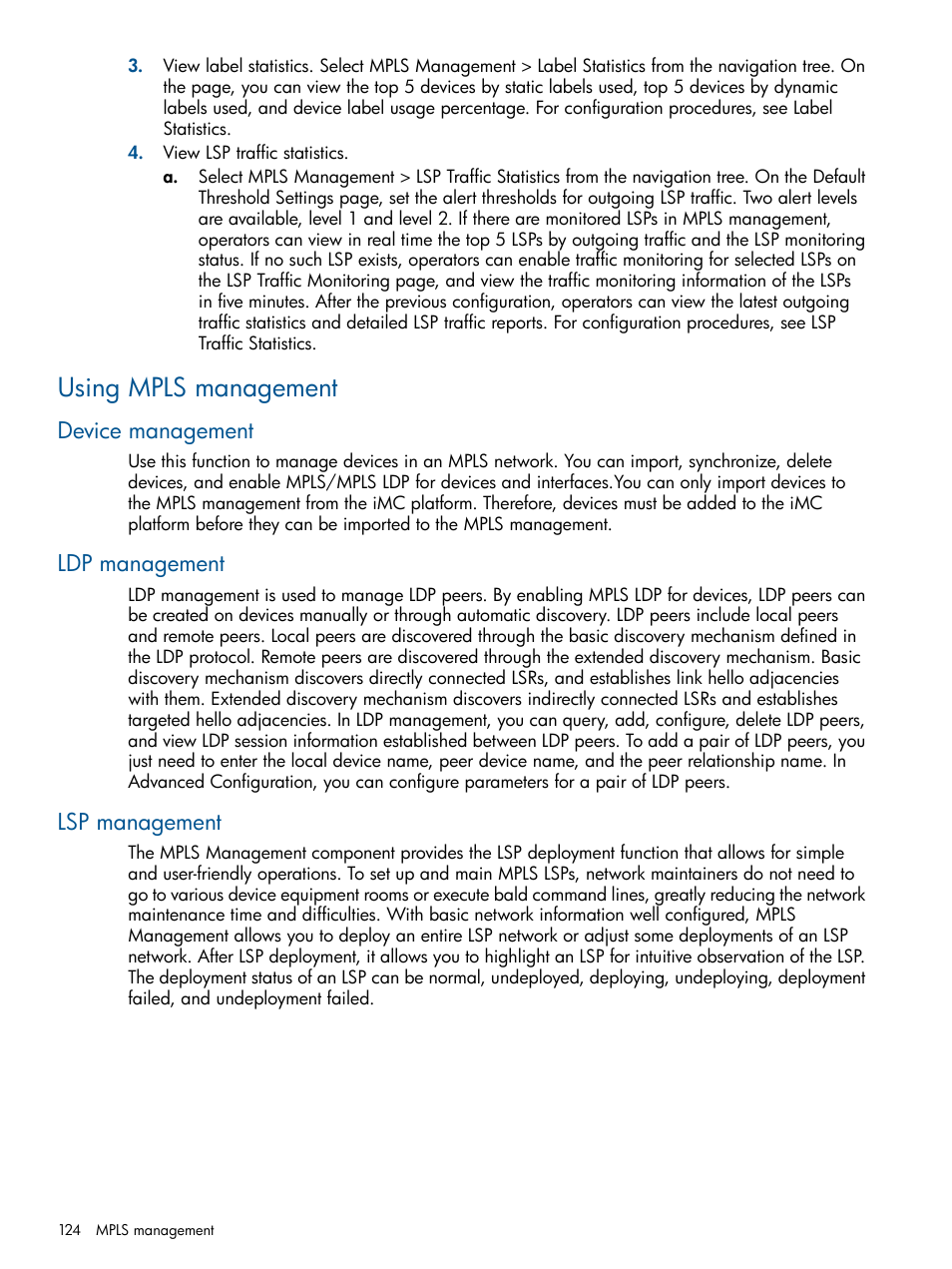 Using mpls management, Device management, Ldp management | Lsp management, Device management ldp management lsp management | HP Intelligent Management Center Licenses User Manual | Page 124 / 140