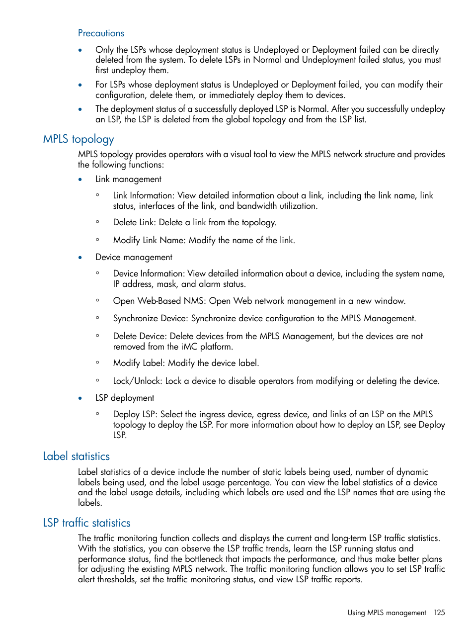 Mpls topology, Label statistics, Lsp traffic statistics | HP Intelligent Management Center Licenses User Manual | Page 125 / 140