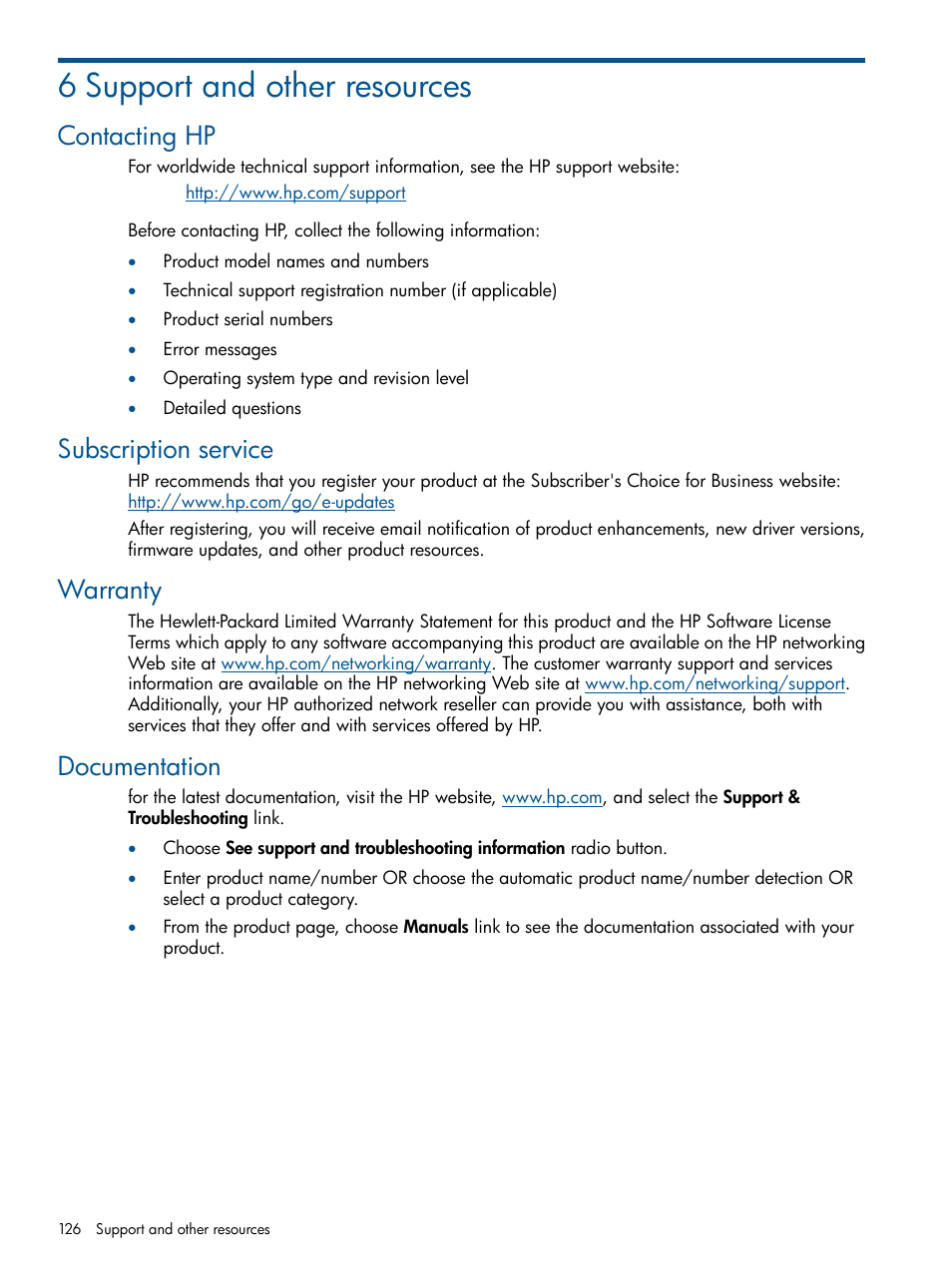 6 support and other resources, Contacting hp, Subscription service | Warranty, Documentation | HP Intelligent Management Center Licenses User Manual | Page 126 / 140