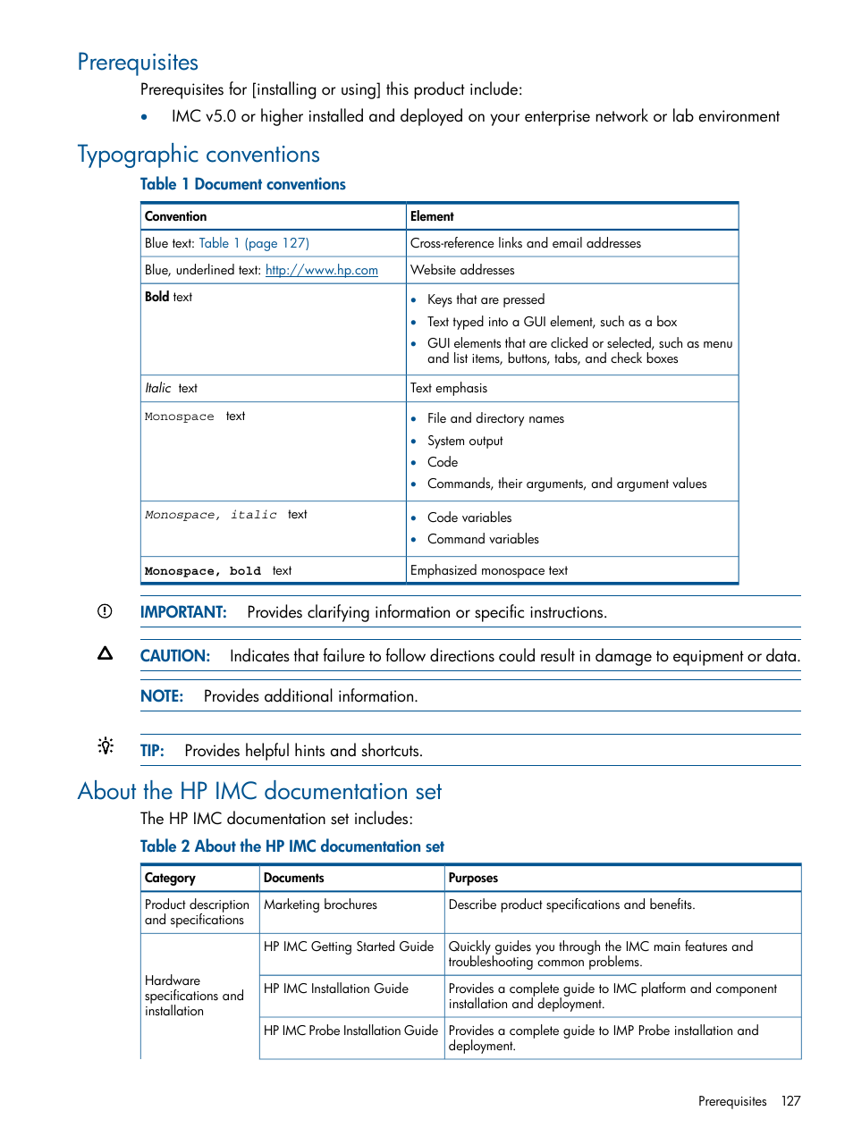 Prerequisites, Typographic conventions, About the hp imc documentation set | HP Intelligent Management Center Licenses User Manual | Page 127 / 140