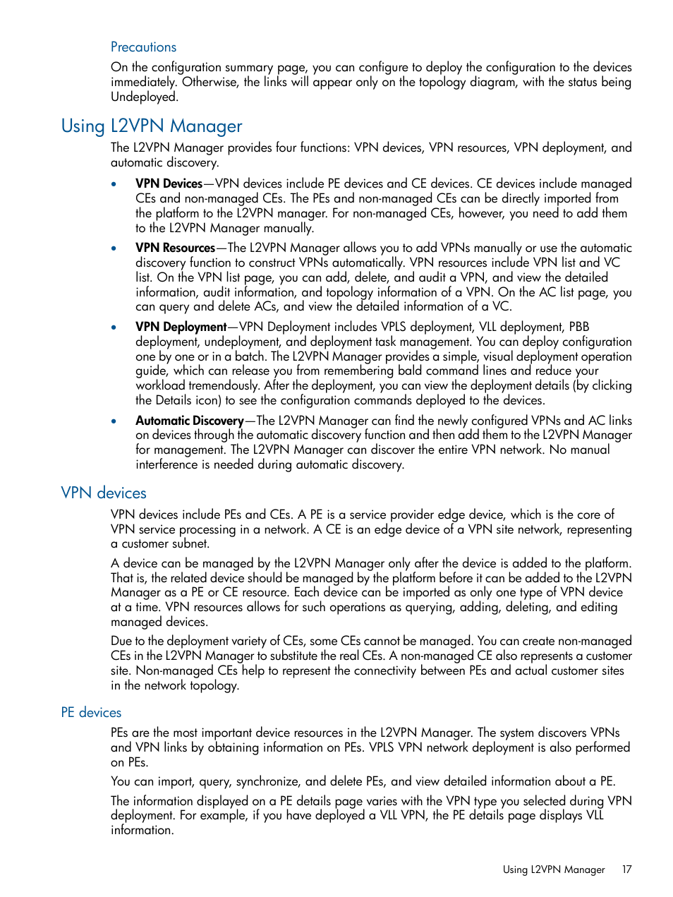 Using l2vpn manager, Vpn devices, Pe devices | HP Intelligent Management Center Licenses User Manual | Page 17 / 140