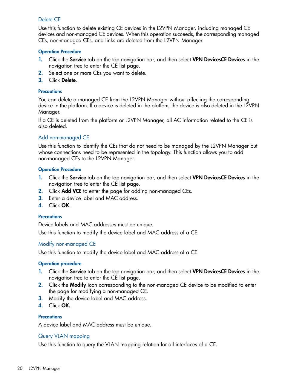 Delete ce, Add non-managed ce, Modify non-managed ce | Query vlan mapping | HP Intelligent Management Center Licenses User Manual | Page 20 / 140