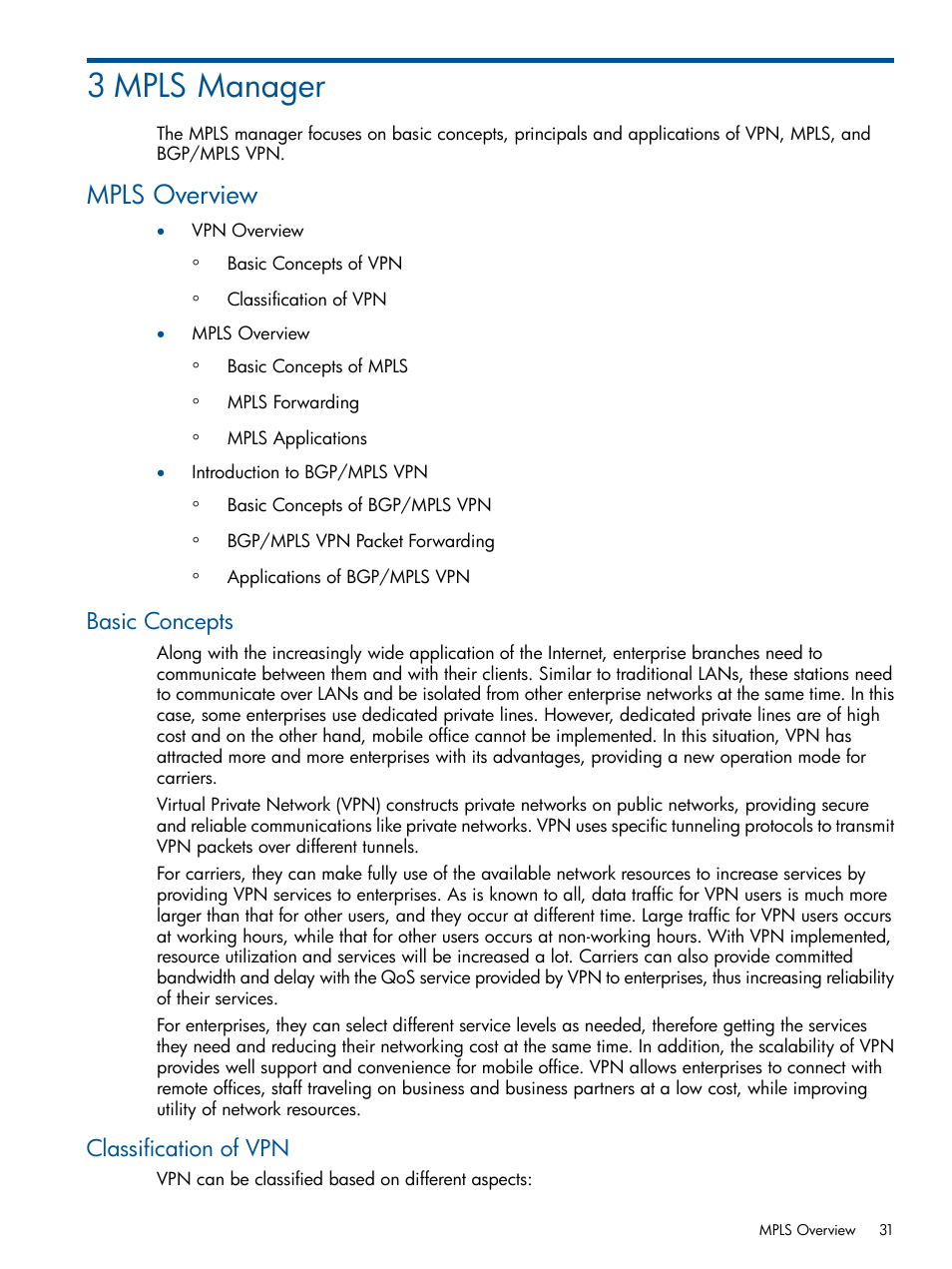 3 mpls manager, Mpls overview, Basic concepts | Classification of vpn, Basic concepts classification of vpn | HP Intelligent Management Center Licenses User Manual | Page 31 / 140