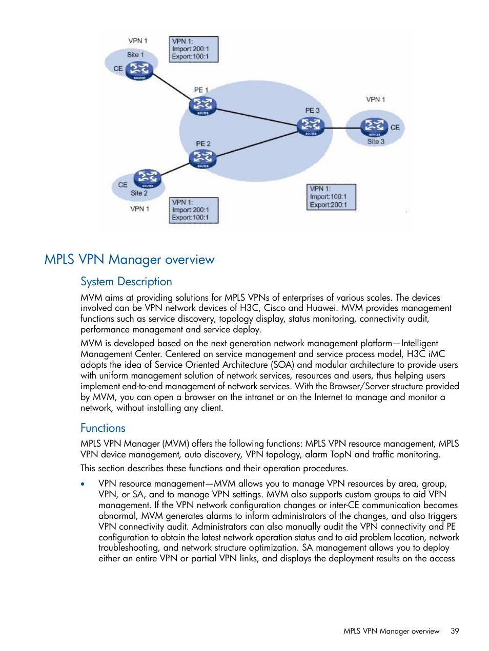 Mpls vpn manager overview, System description, Functions | HP Intelligent Management Center Licenses User Manual | Page 39 / 140