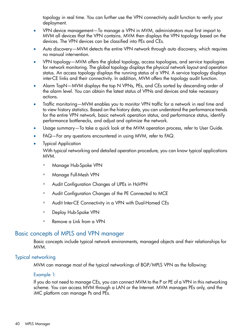 Basic concepts of mpls and vpn manager, Typical networking | HP Intelligent Management Center Licenses User Manual | Page 40 / 140