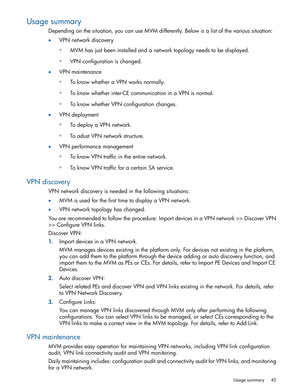 Usage summary, Vpn discovery, Vpn maintenance | Vpn discovery vpn maintenance | HP Intelligent Management Center Licenses User Manual | Page 45 / 140