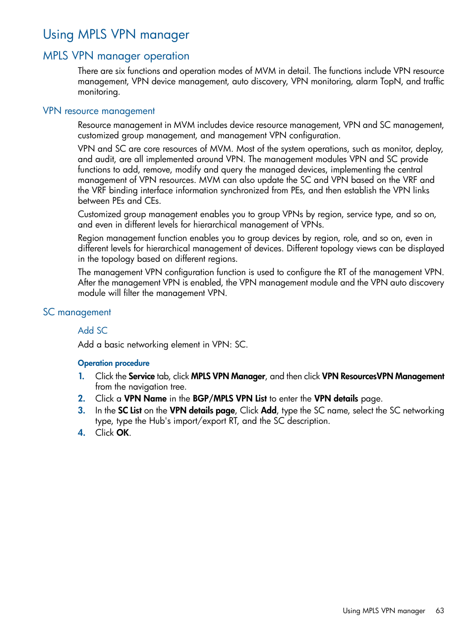 Using mpls vpn manager, Mpls vpn manager operation, Vpn resource management | Sc management, Add sc, Vpn resource management sc management | HP Intelligent Management Center Licenses User Manual | Page 63 / 140