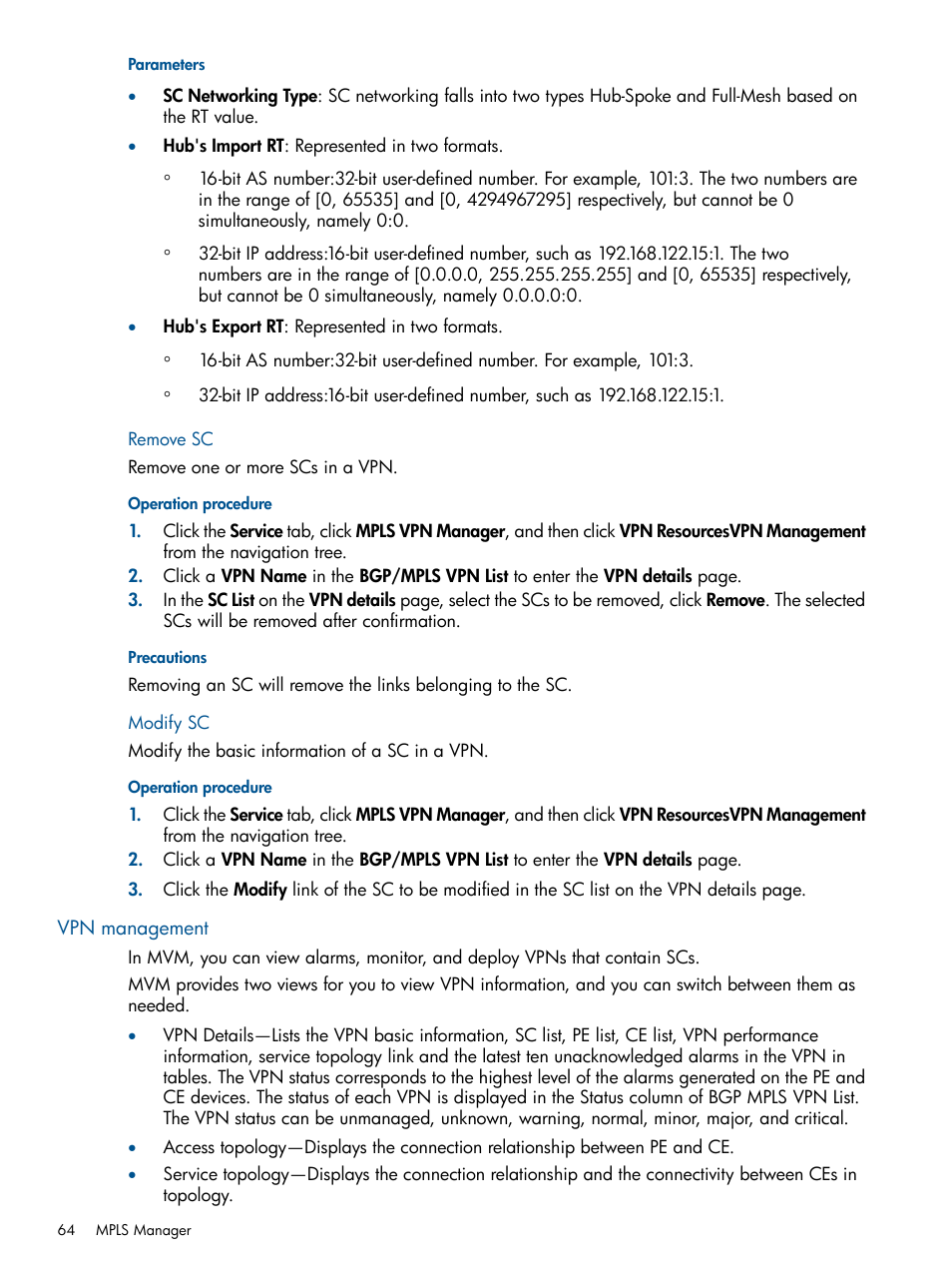 Remove sc, Modify sc, Vpn management | Remove sc modify sc | HP Intelligent Management Center Licenses User Manual | Page 64 / 140