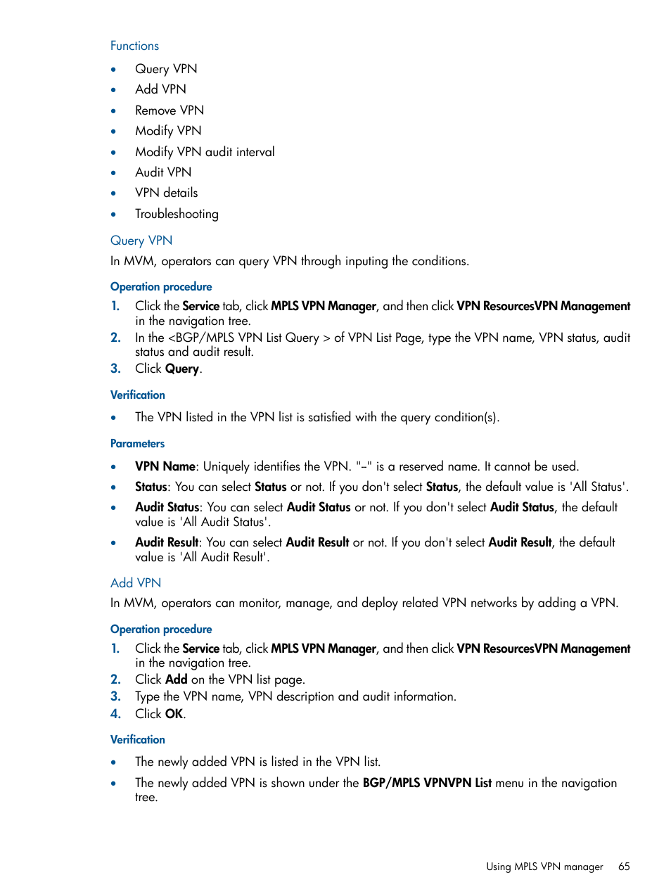 Query vpn, Add vpn, Query vpn add vpn | HP Intelligent Management Center Licenses User Manual | Page 65 / 140