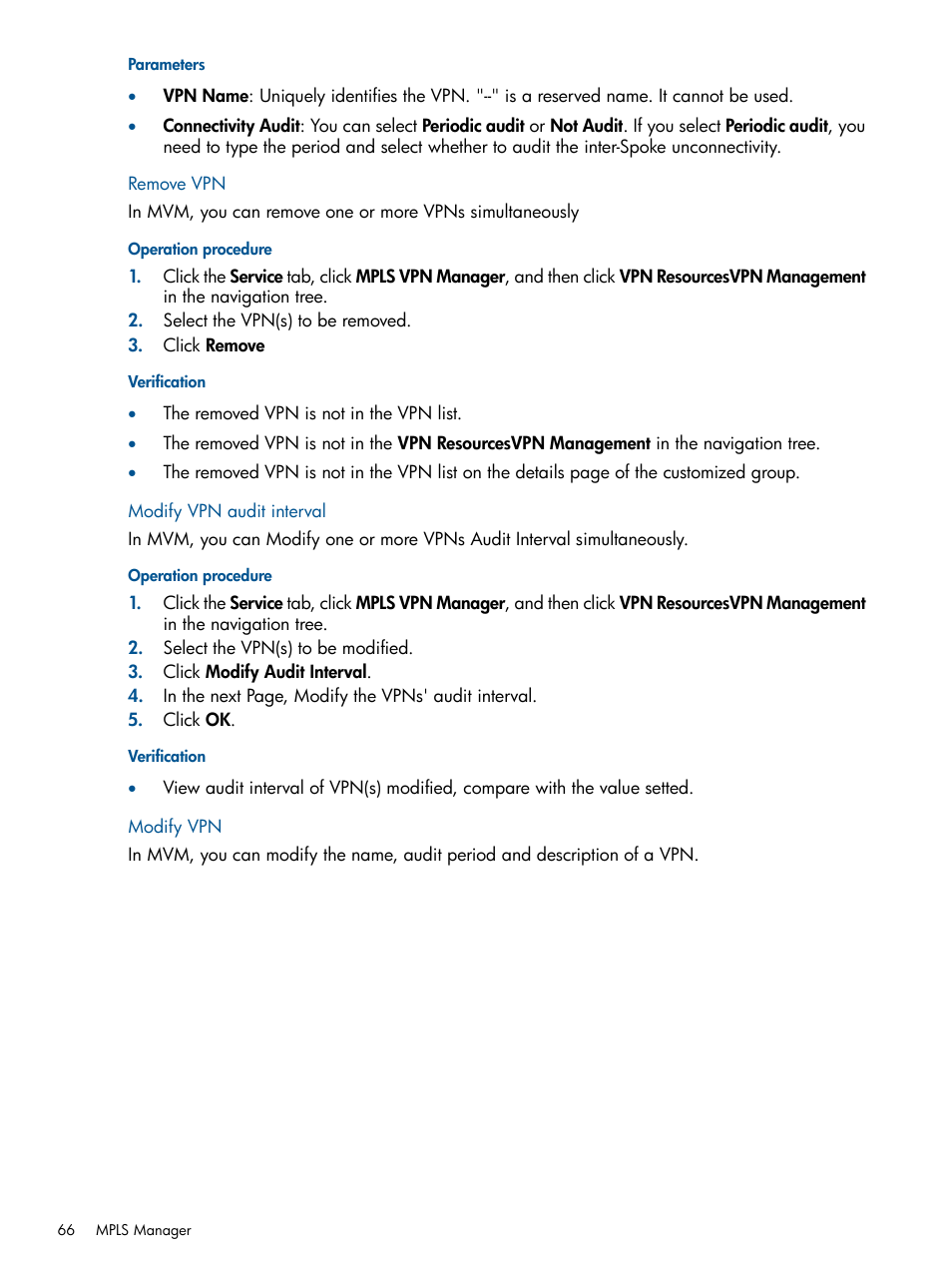 Remove vpn, Modify vpn audit interval, Modify vpn | Remove vpn modify vpn audit interval modify vpn | HP Intelligent Management Center Licenses User Manual | Page 66 / 140