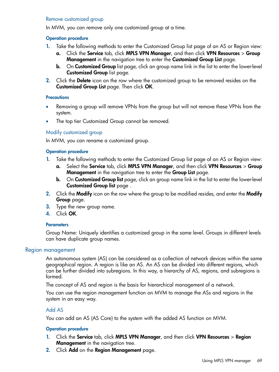 Remove customized group, Modify customized group, Region management | Add as, Remove customized group modify customized group | HP Intelligent Management Center Licenses User Manual | Page 69 / 140