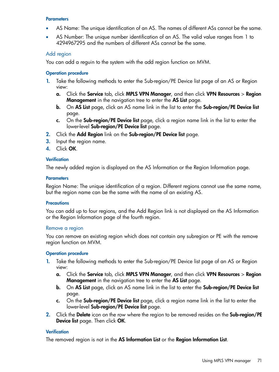 Add region, Remove a region, Add region remove a region | HP Intelligent Management Center Licenses User Manual | Page 71 / 140