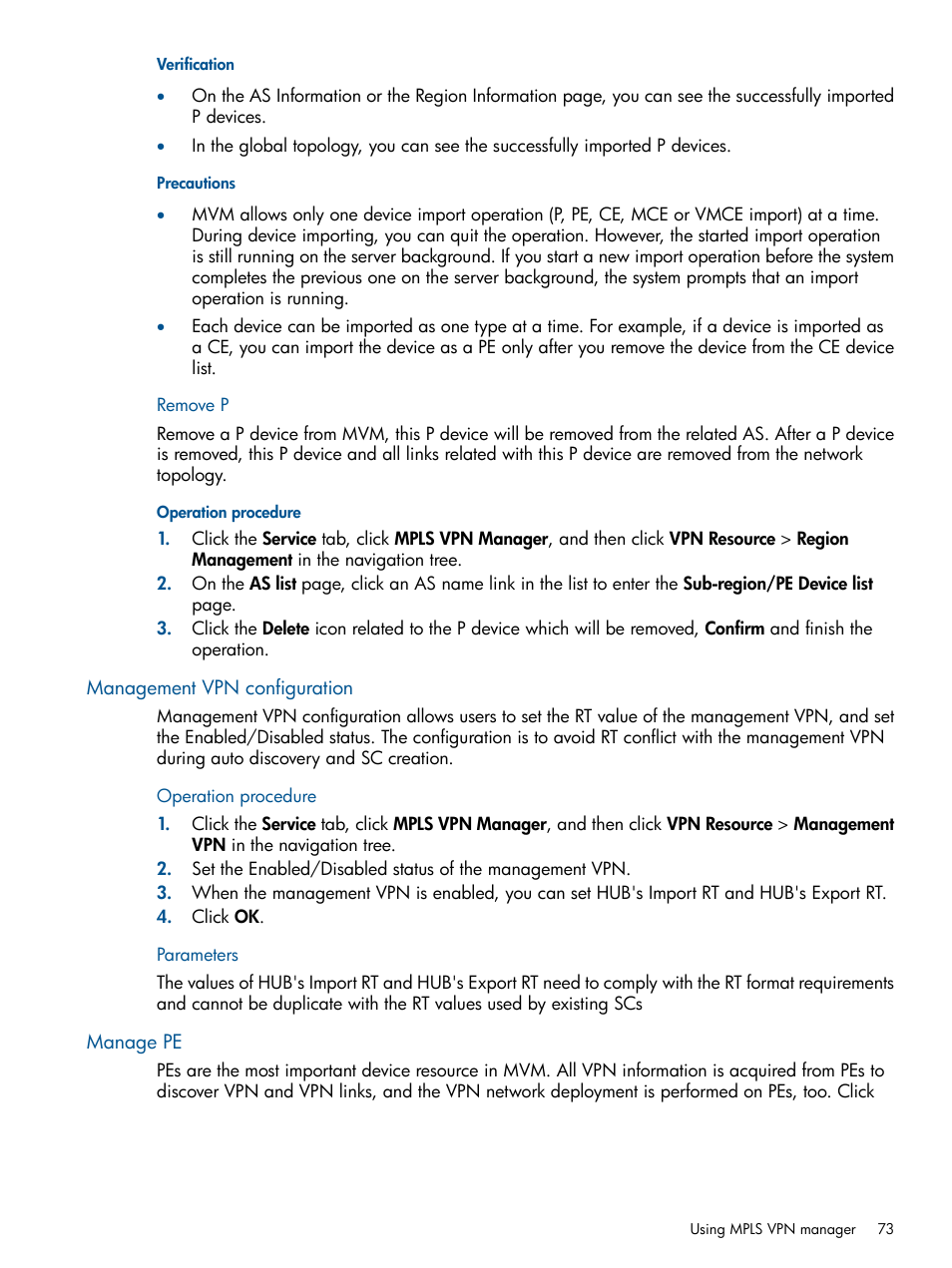 Remove p, Management vpn configuration, Manage pe | Management vpn configuration manage pe | HP Intelligent Management Center Licenses User Manual | Page 73 / 140