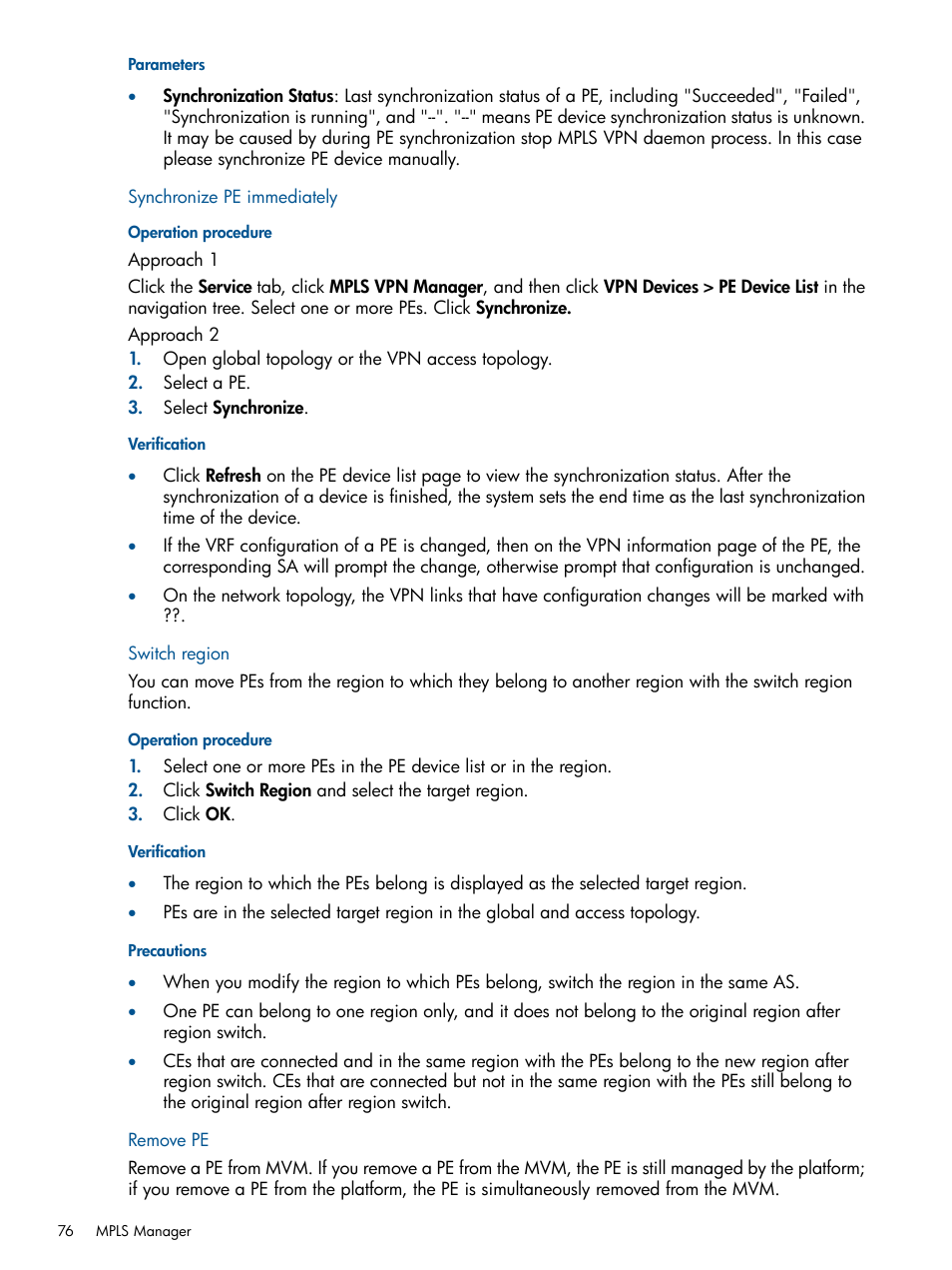 Synchronize pe immediately, Switch region, Remove pe | Synchronize pe immediately switch region remove pe | HP Intelligent Management Center Licenses User Manual | Page 76 / 140