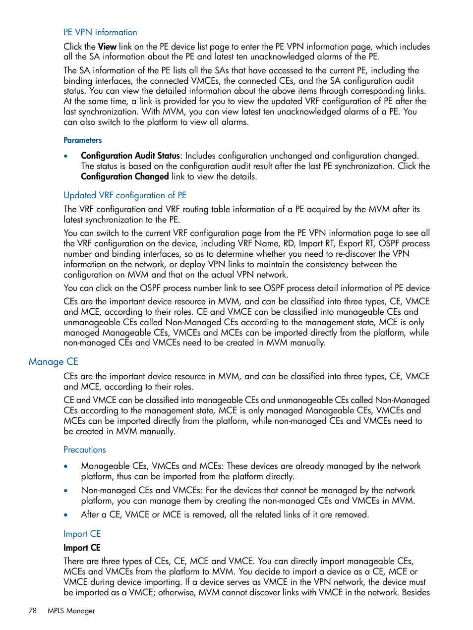 Pe vpn information, Updated vrf configuration of pe, Manage ce | Import ce, Pe vpn information updated vrf configuration of pe | HP Intelligent Management Center Licenses User Manual | Page 78 / 140