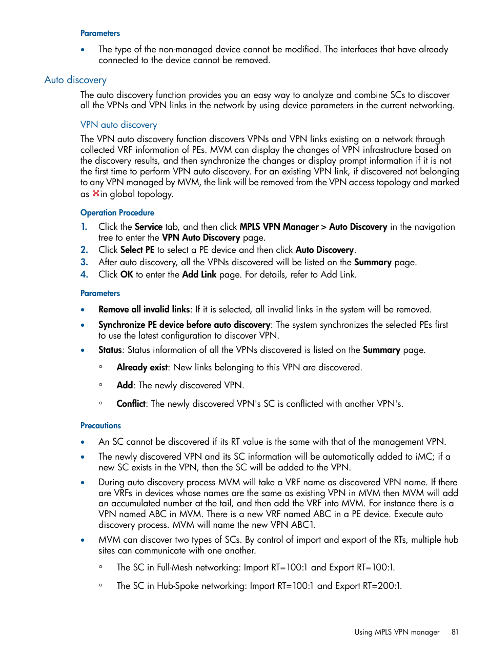 Auto discovery, Vpn auto discovery | HP Intelligent Management Center Licenses User Manual | Page 81 / 140