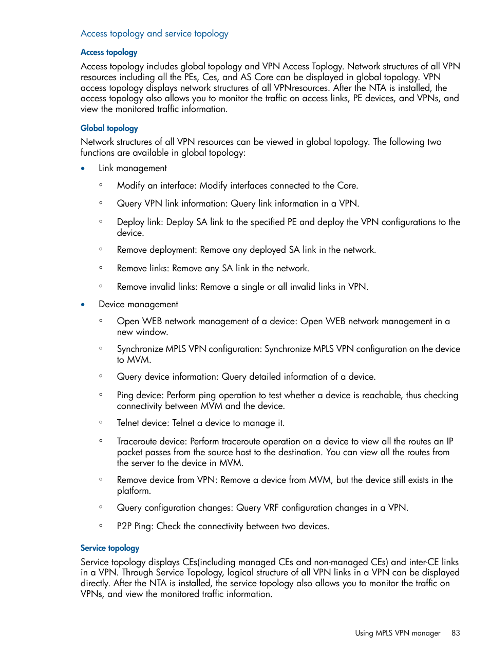 Access topology and service topology, Access topology, Global topology | Service topology | HP Intelligent Management Center Licenses User Manual | Page 83 / 140