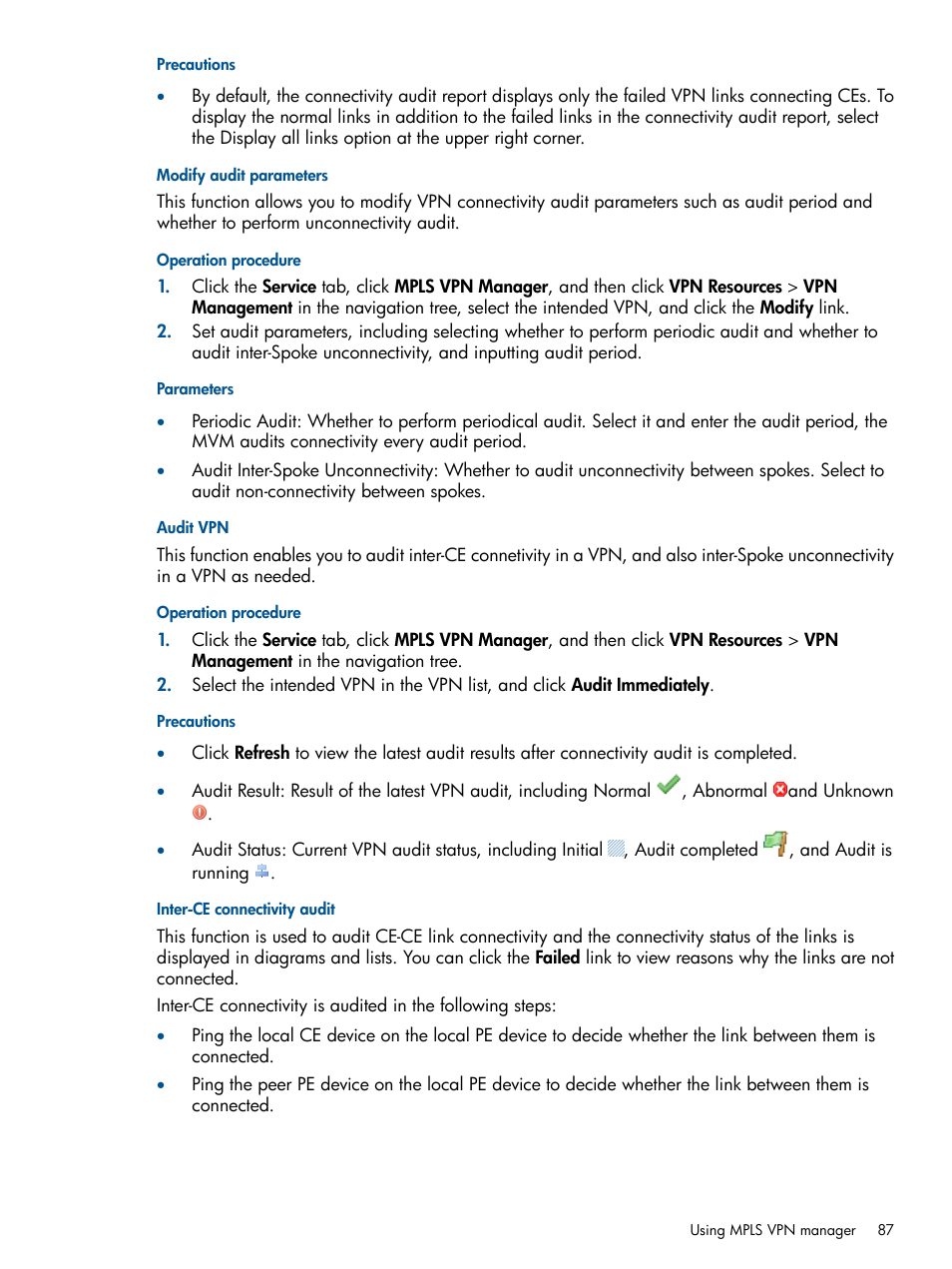 Modify audit parameters, Audit vpn, Inter-ce connectivity audit | HP Intelligent Management Center Licenses User Manual | Page 87 / 140