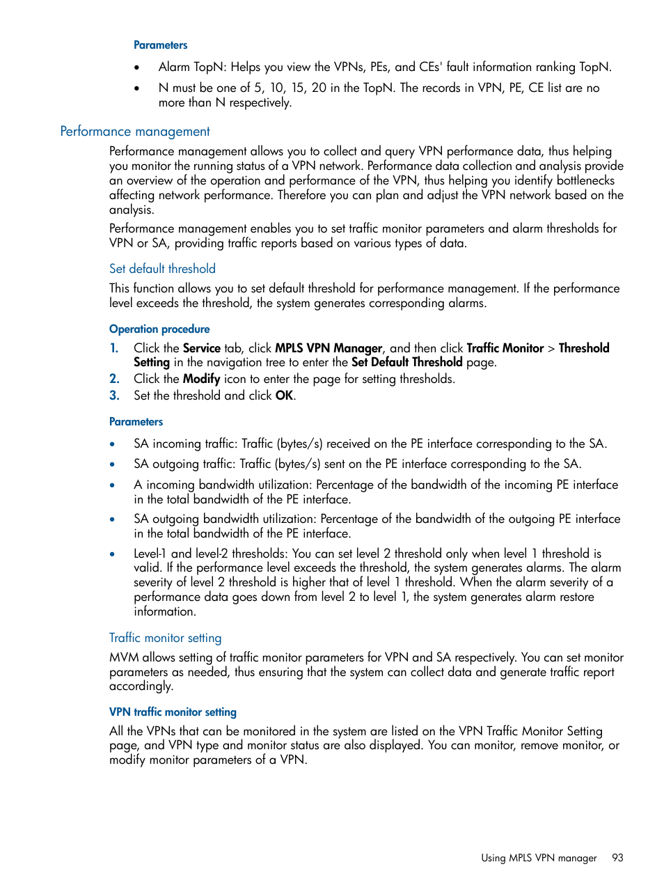 Performance management, Set default threshold, Traffic monitor setting | Vpn traffic monitor setting, Set default threshold traffic monitor setting | HP Intelligent Management Center Licenses User Manual | Page 93 / 140