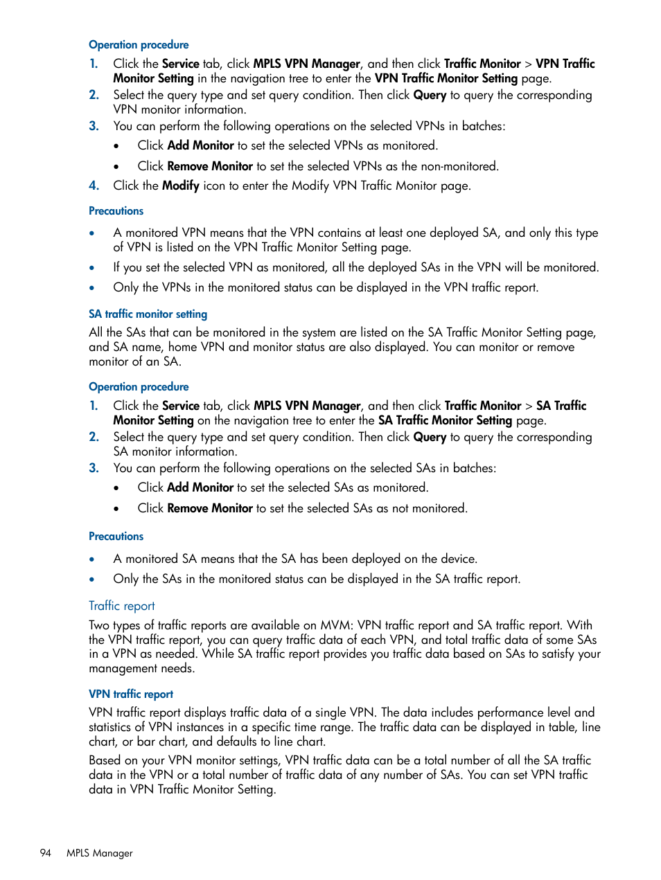 Sa traffic monitor setting, Traffic report, Vpn traffic report | HP Intelligent Management Center Licenses User Manual | Page 94 / 140